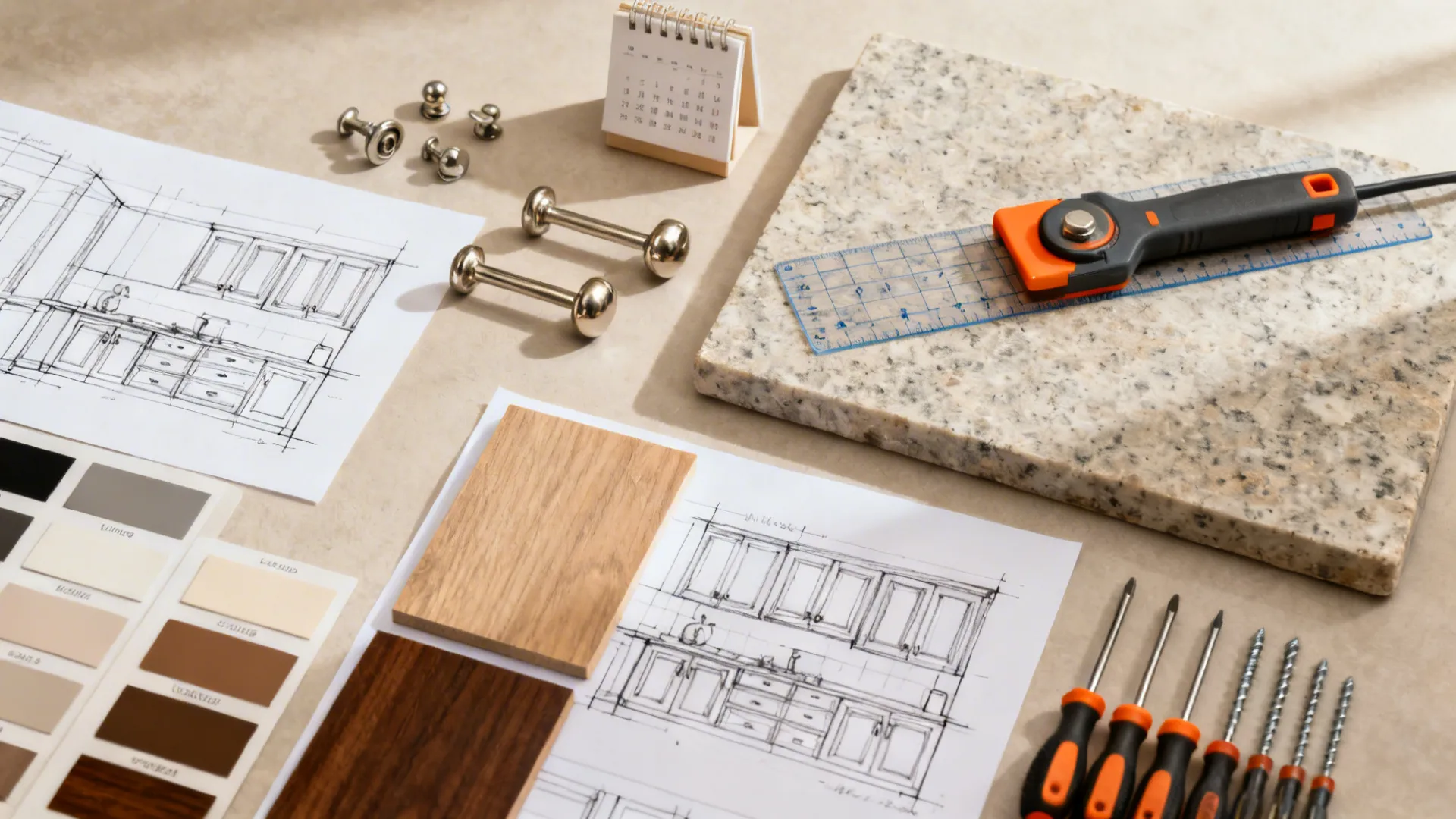 Interior design drawing of kitchen with wood samples color swatches granite slab and metal handles