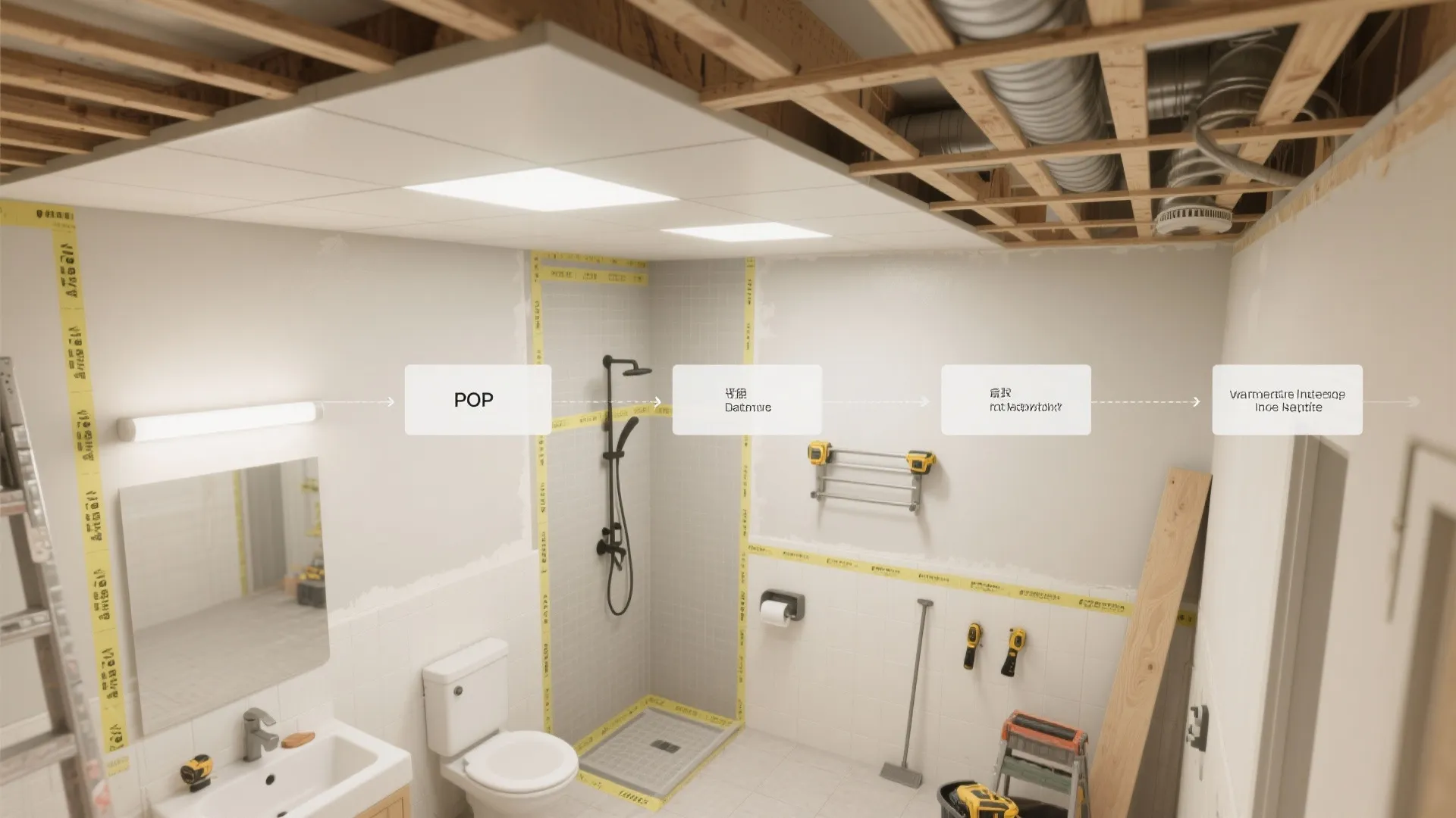 Interior design drawing of a bathroom renovation showing ceiling light installation and wall panel prep