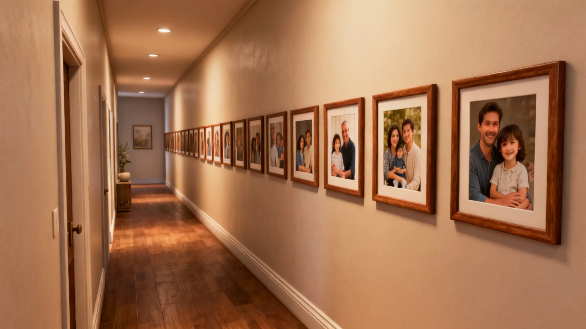 Long hallway with wooden floors and many framed family pictures hanging on the warm beige walls