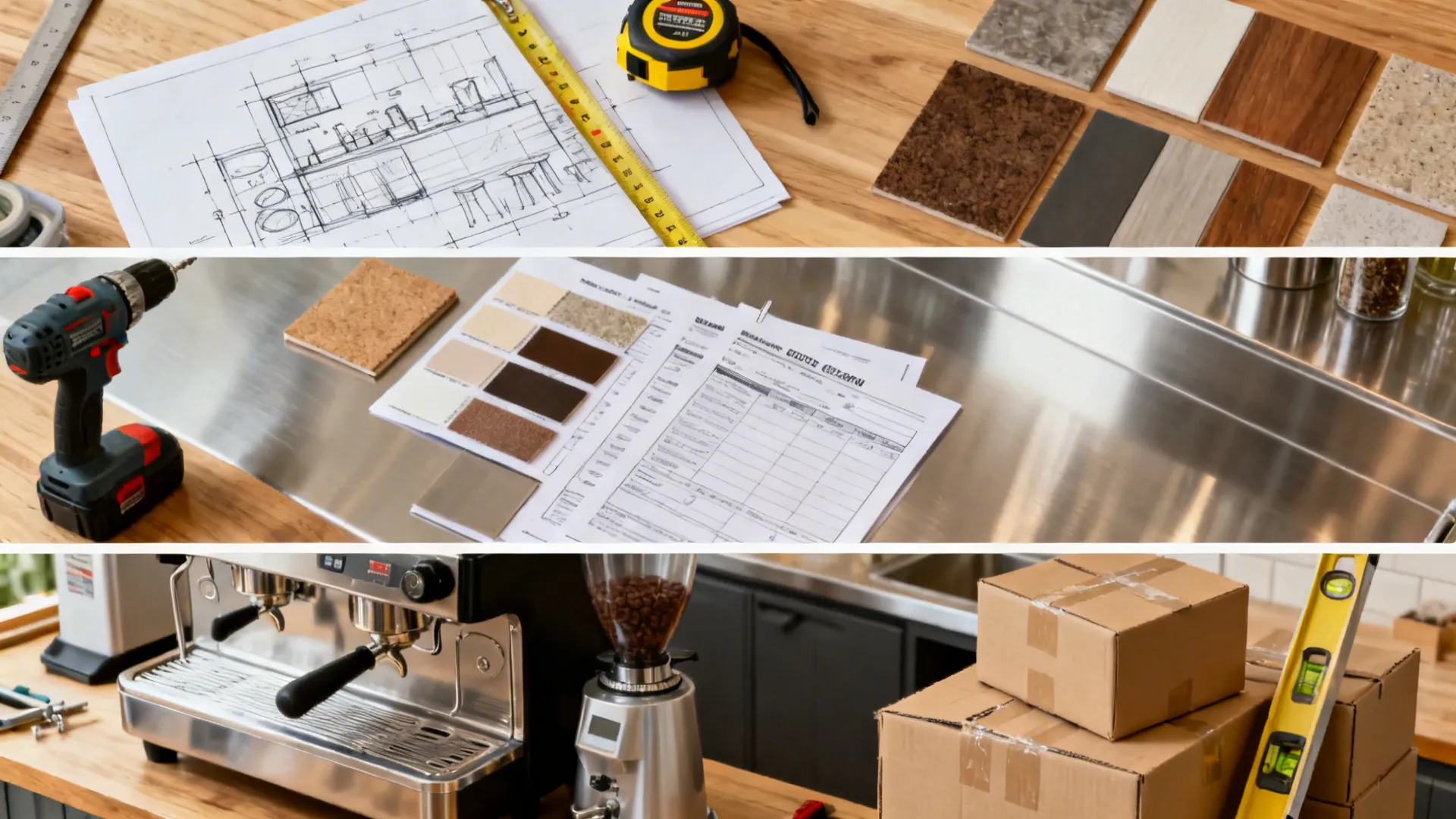 Top-down storyboard of design tools, material samples, and installation tools arranged in sequence.