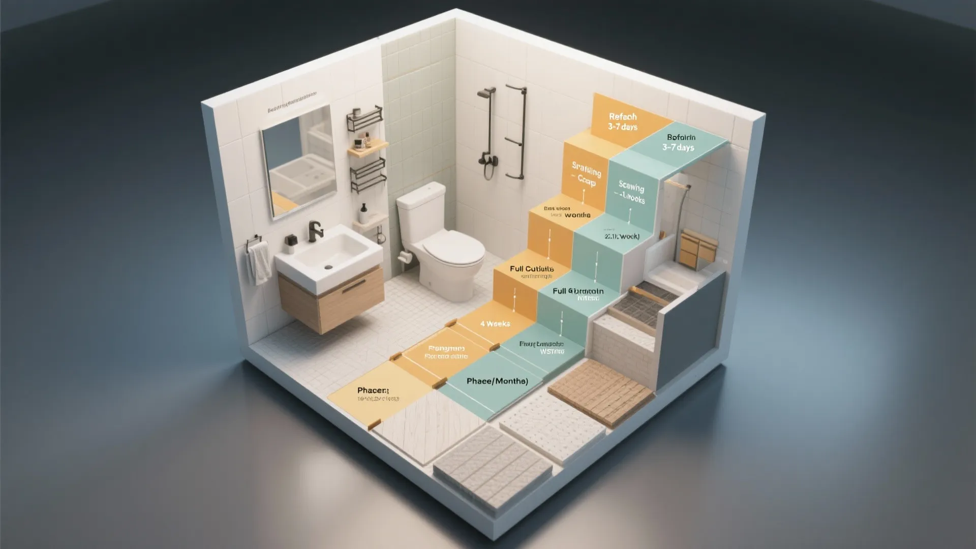 3D bathroom model with colorful step chart showing renovation timeline and progress for different tasks