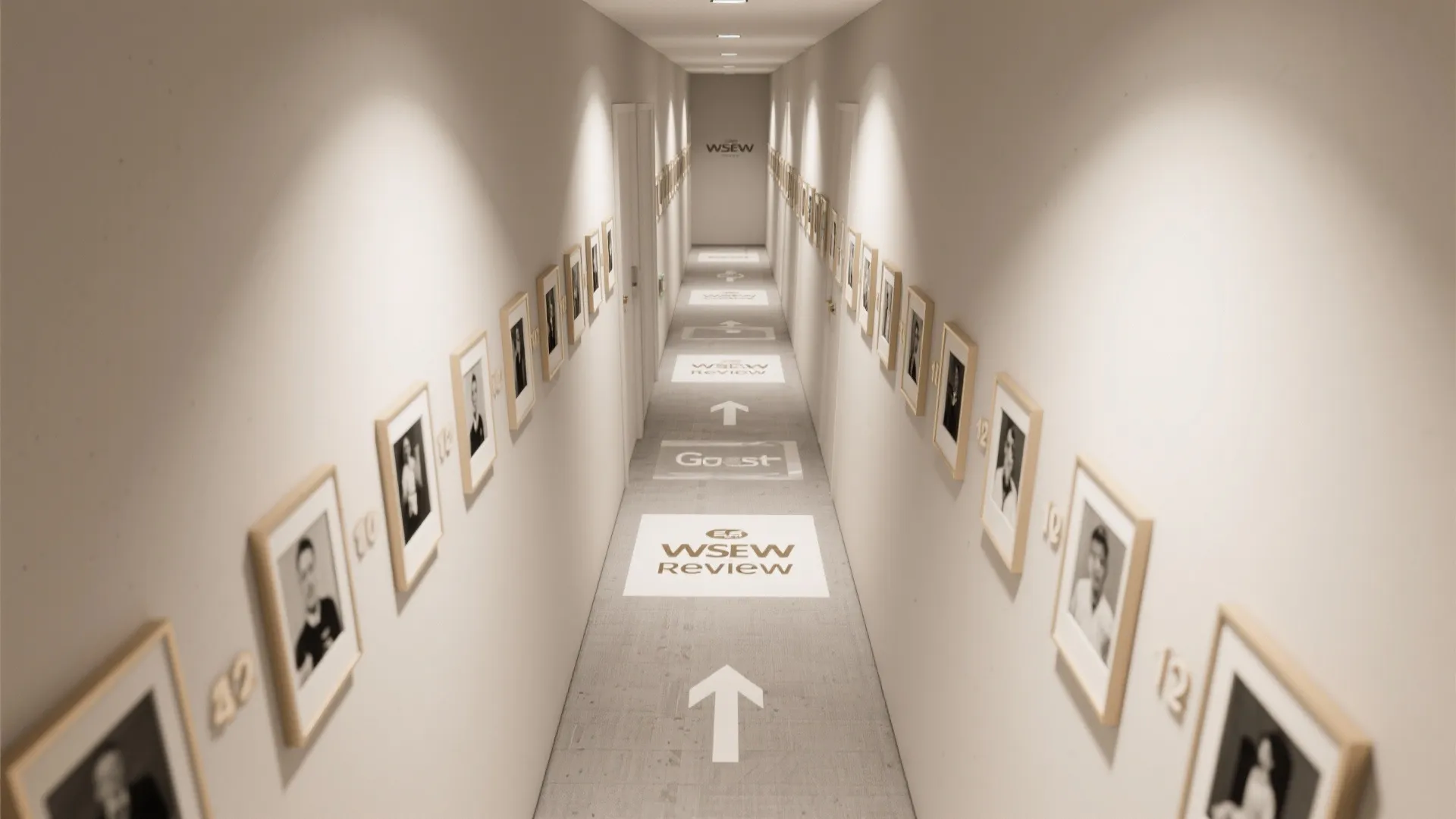 Long hallway interior with white walls, many framed pictures, ceiling lights, and directional floor stickers