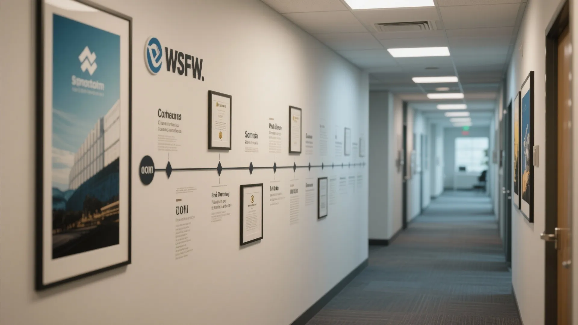 Modern office hallway featuring a company history timeline wall with framed pictures and a carpeted floor