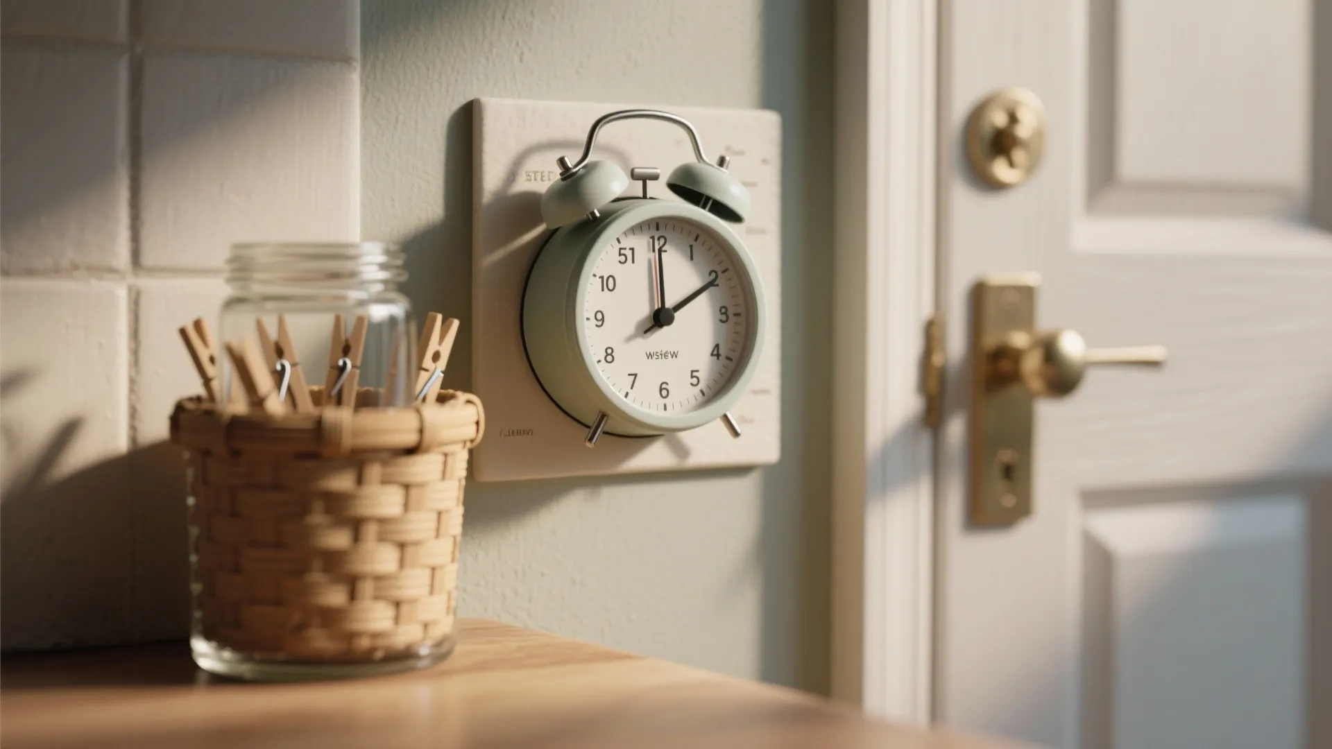 Small mint green alarm clock fixed on the wall next to a white room door