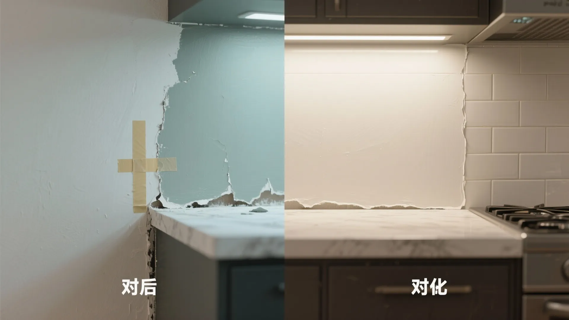Before and after comparison showing damaged blue wall paint transformed into a clean white kitchen