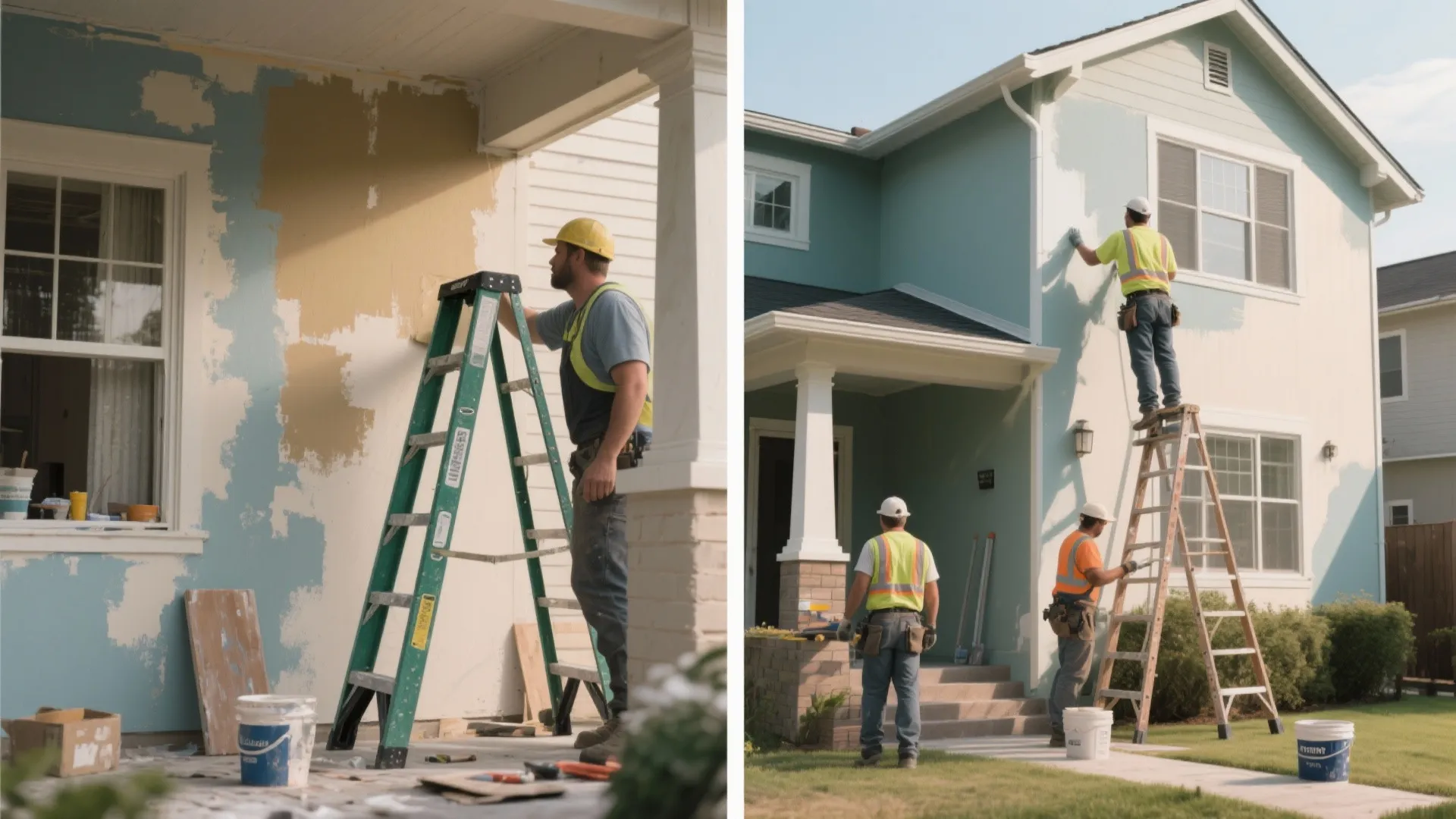 Before and after comparison of workers repairing and painting the exterior of a two story house