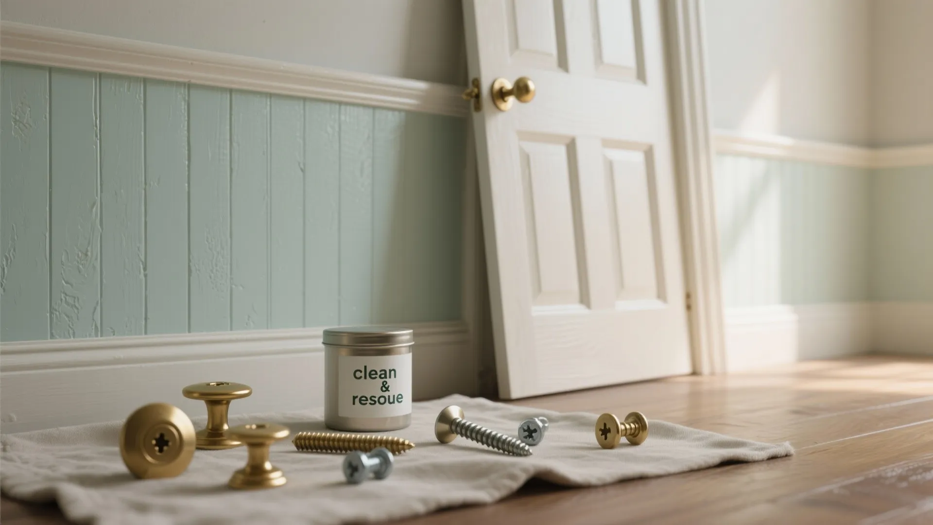 Gold door knobs and screws on a cloth near a cleaning can and wall panel