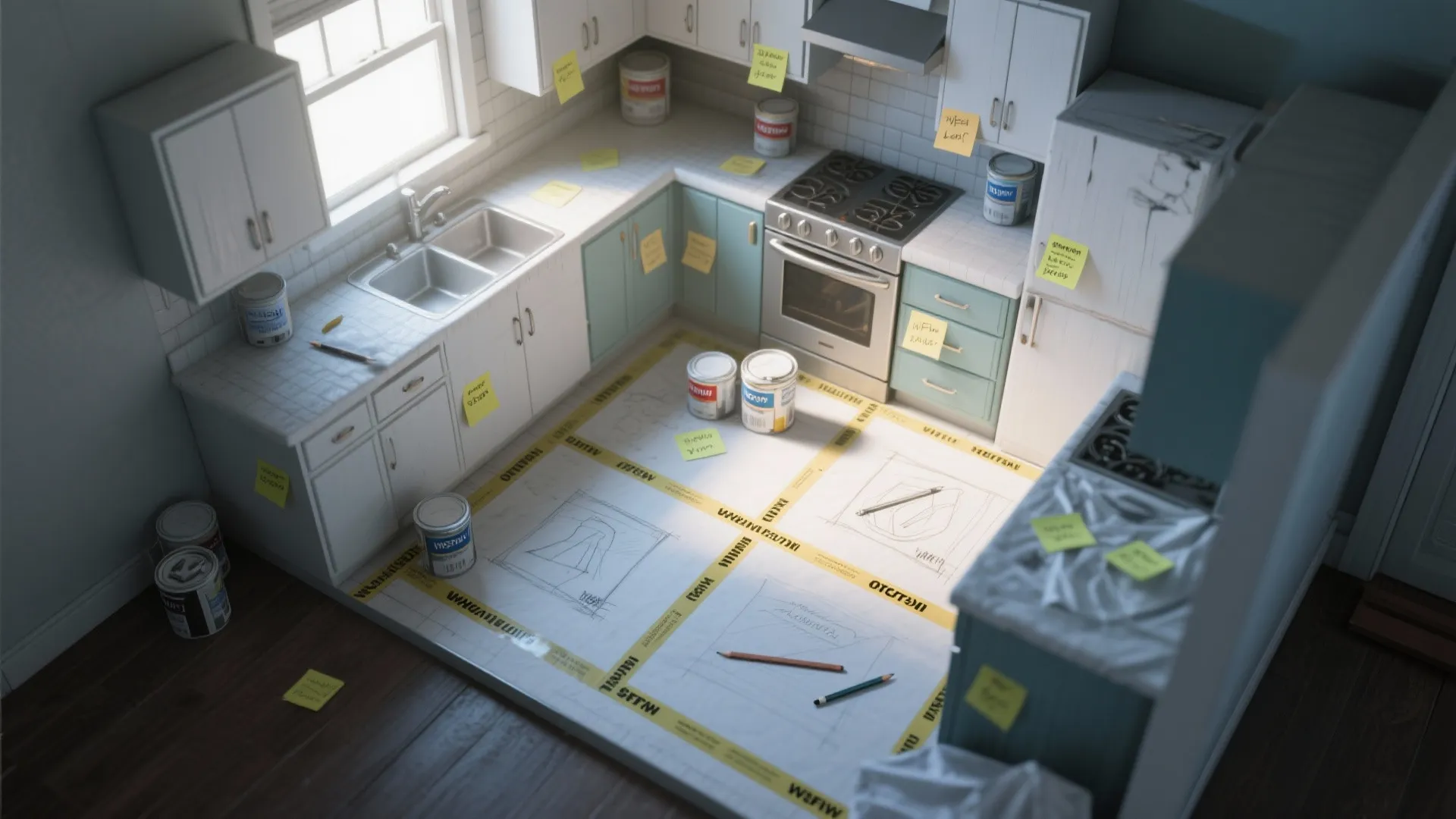 Kitchen renovation floor plan sketches on ground with paint cans and yellow sticky notes everywhere