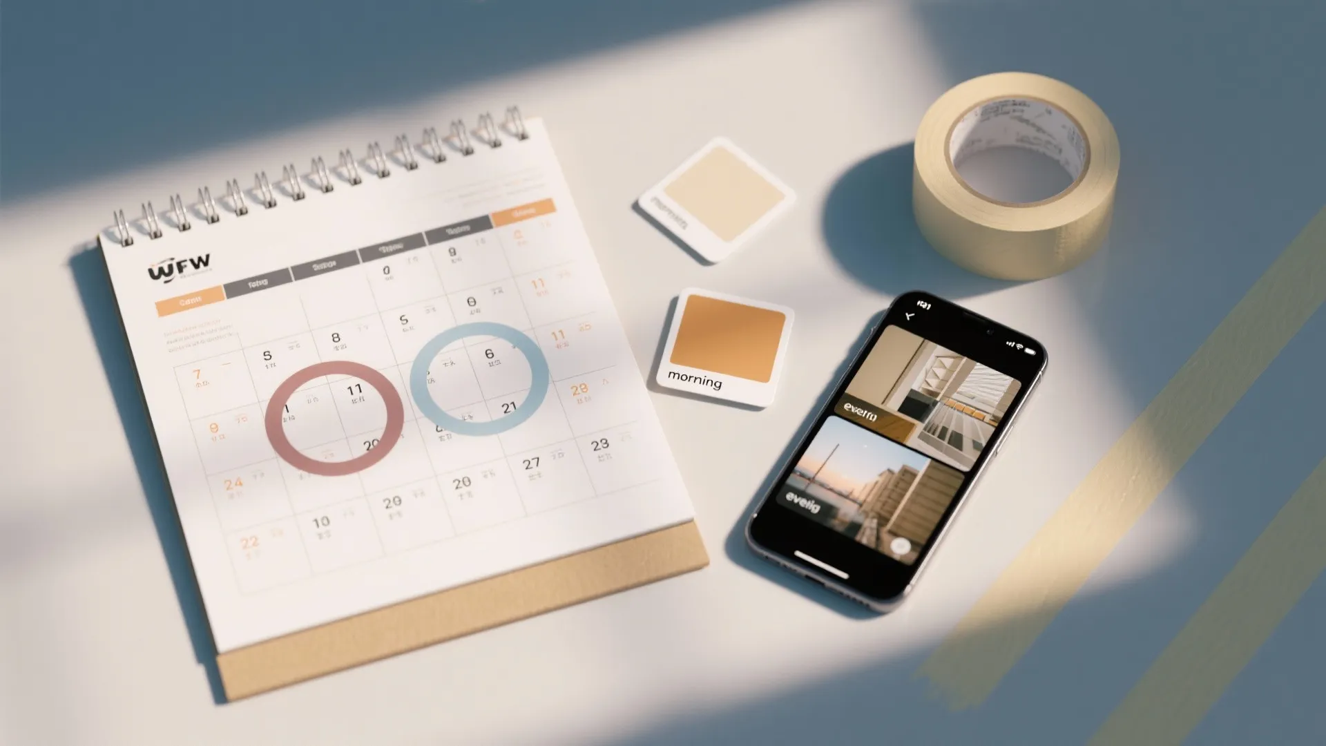 Desktop with a calendar showing marked dates next to a smartphone displaying interior design photos