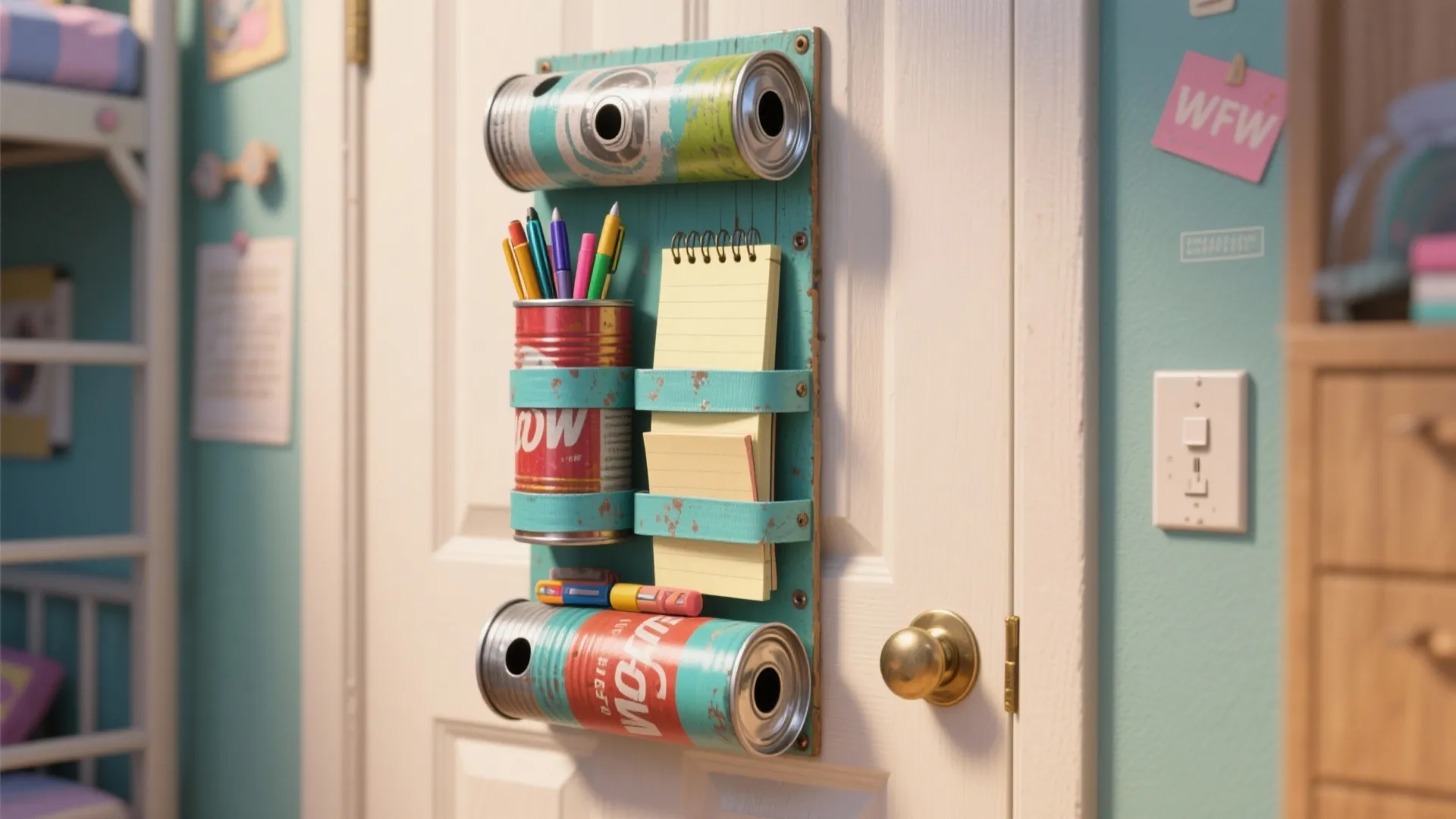 Recycled tin can wall organizer mounted on white door holding colorful pens and yellow notebooks