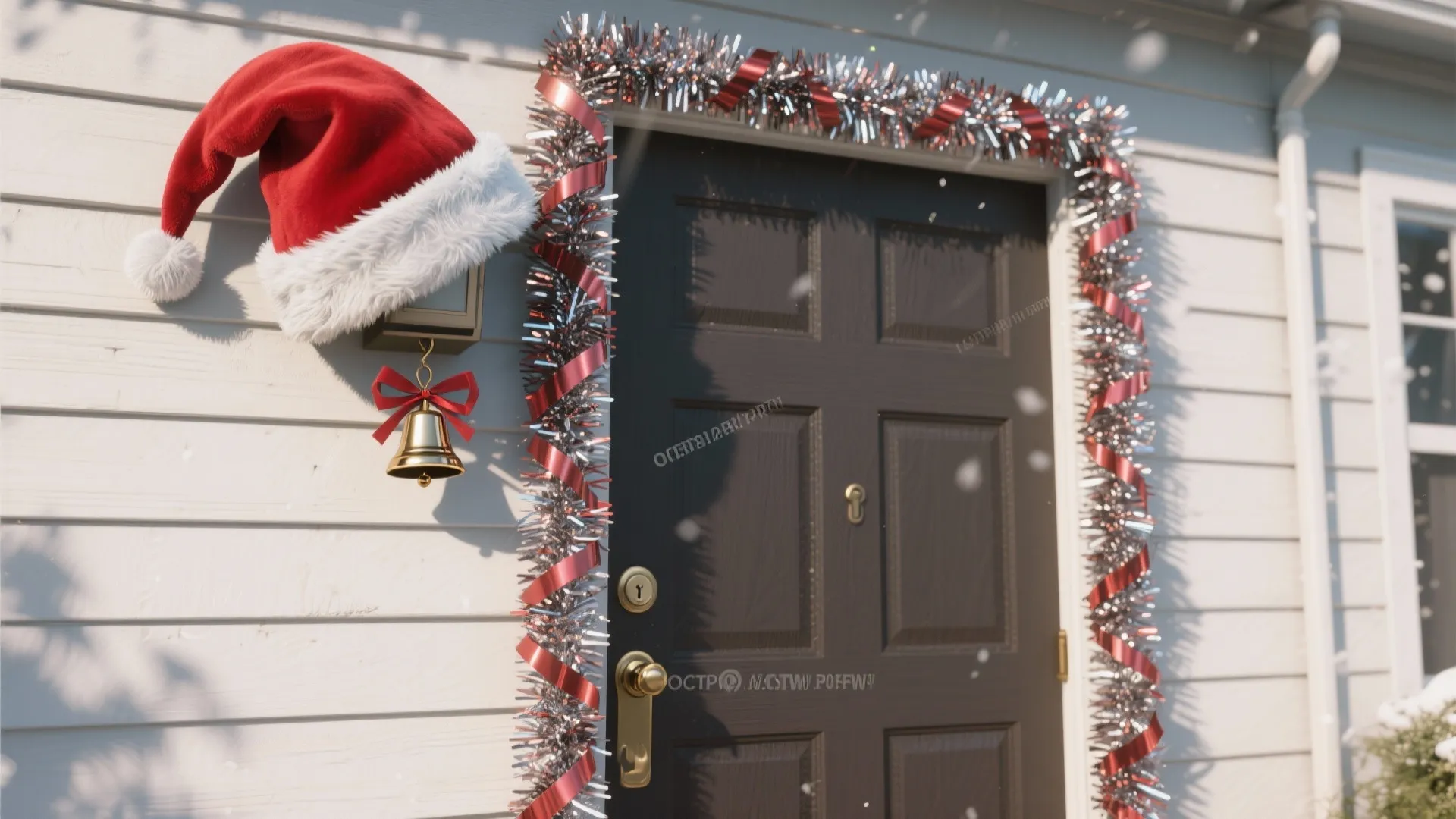 Dark front door decorated with shiny silver tinsel a red Santa hat and a bell