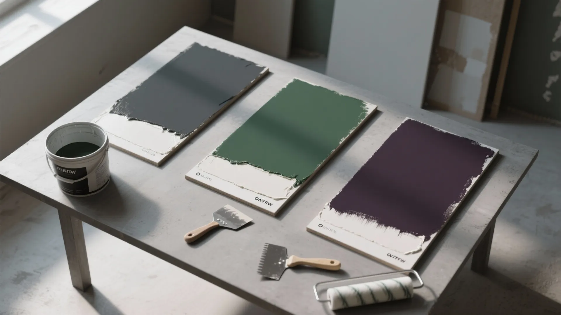Paint color samples on wood boards with bucket and tools on a grey workshop work table