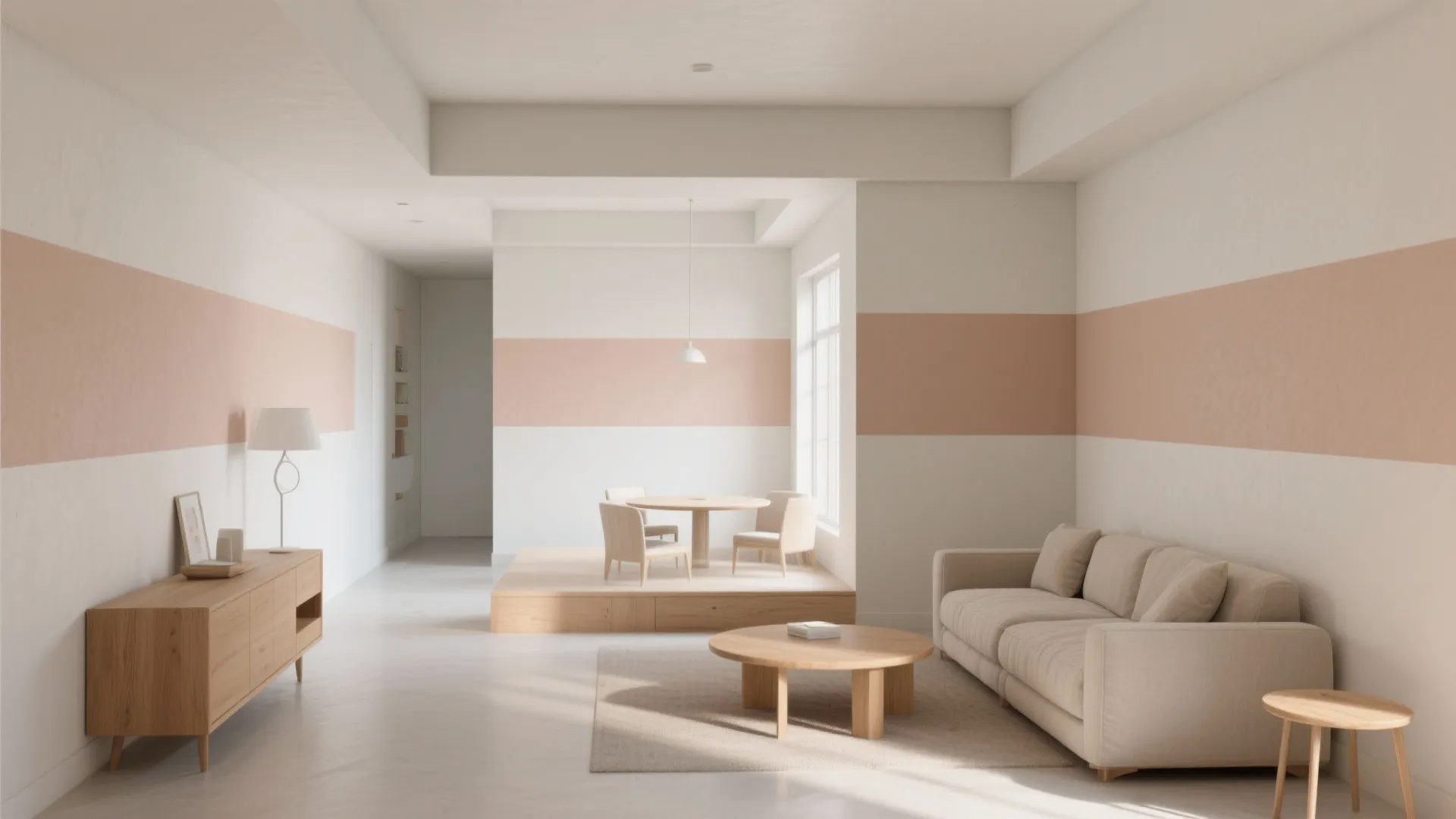 Modern living room with pink wall stripes wood furniture cream sofa and a small platform