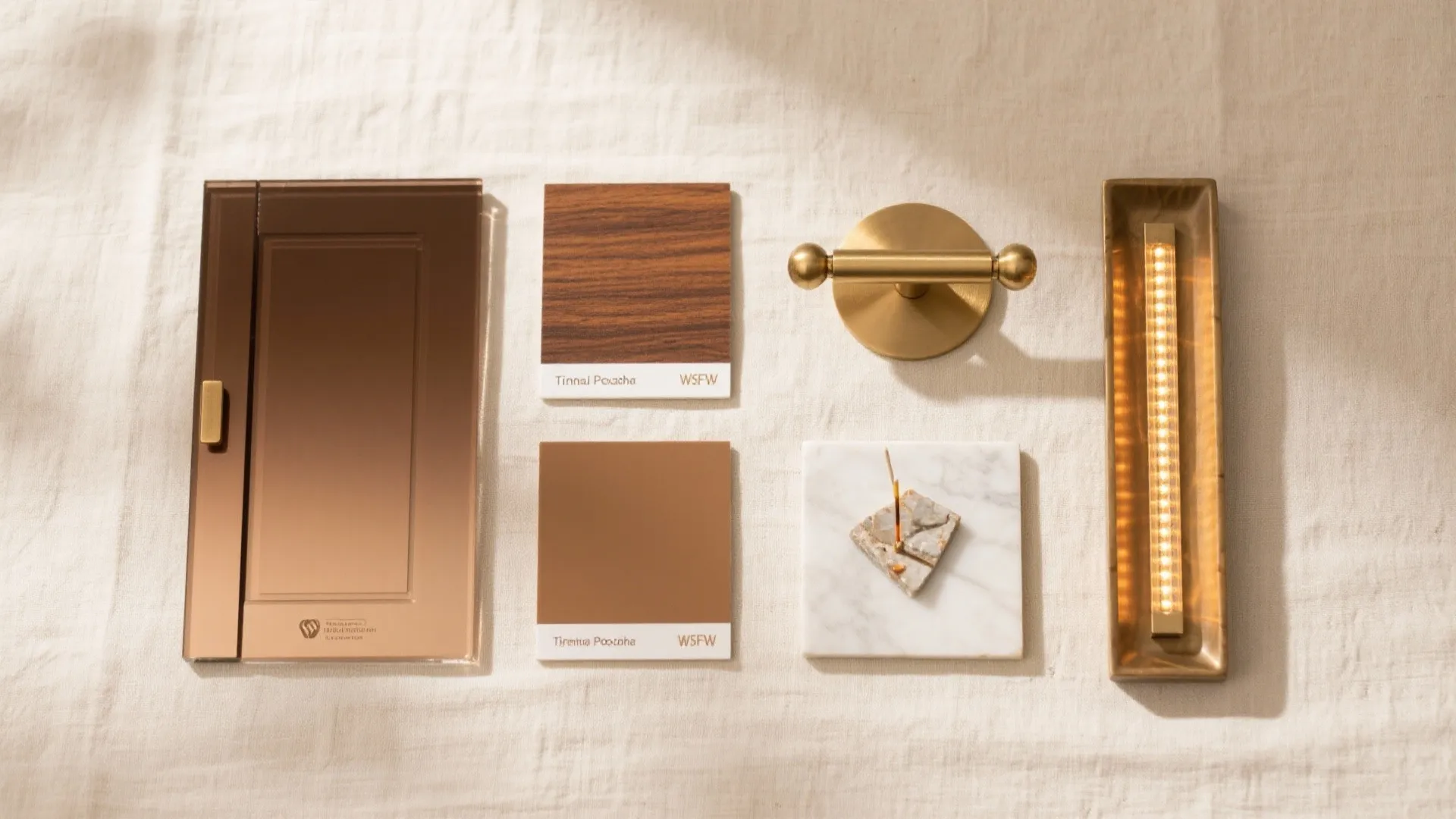 Flatlay of gradient bronze glass samples with walnut, brass hardware, LEDs and marble for a pooja door palette.