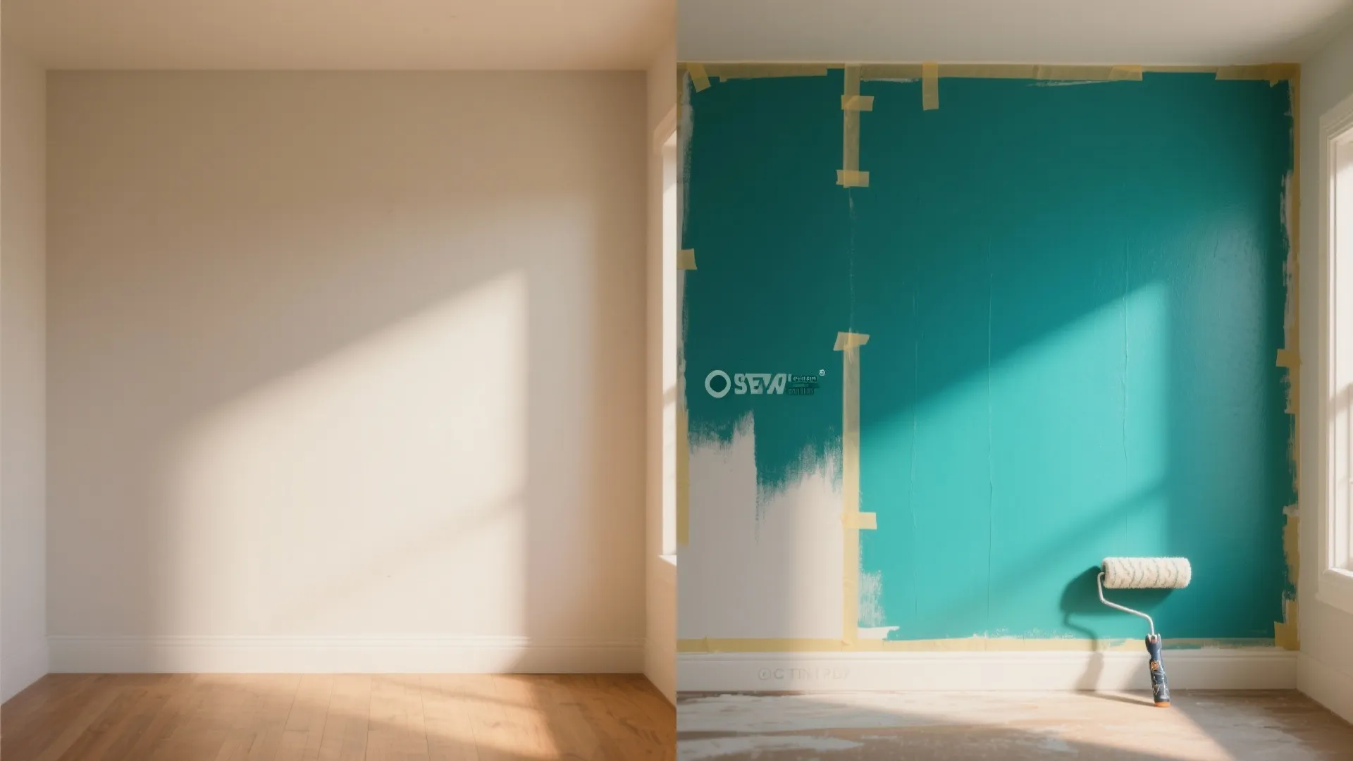 Split before-and-after of a room showing the coverage and vibrancy from a tinted primer under an accent wall.