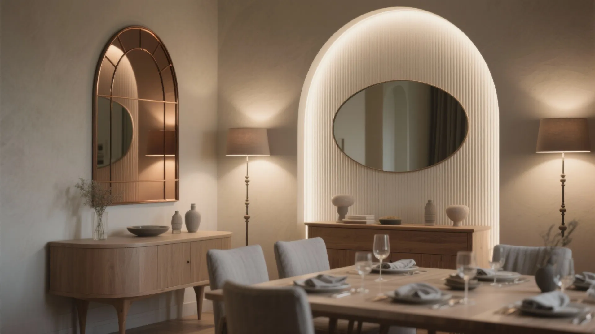 Elegant dining area featuring wooden cabinets oval mirror arched wall light floor lamps and table