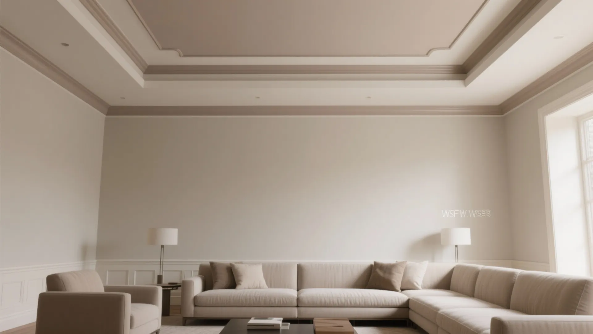 Neutral living room with sofa two table lights coffee table and a decorative layered ceiling