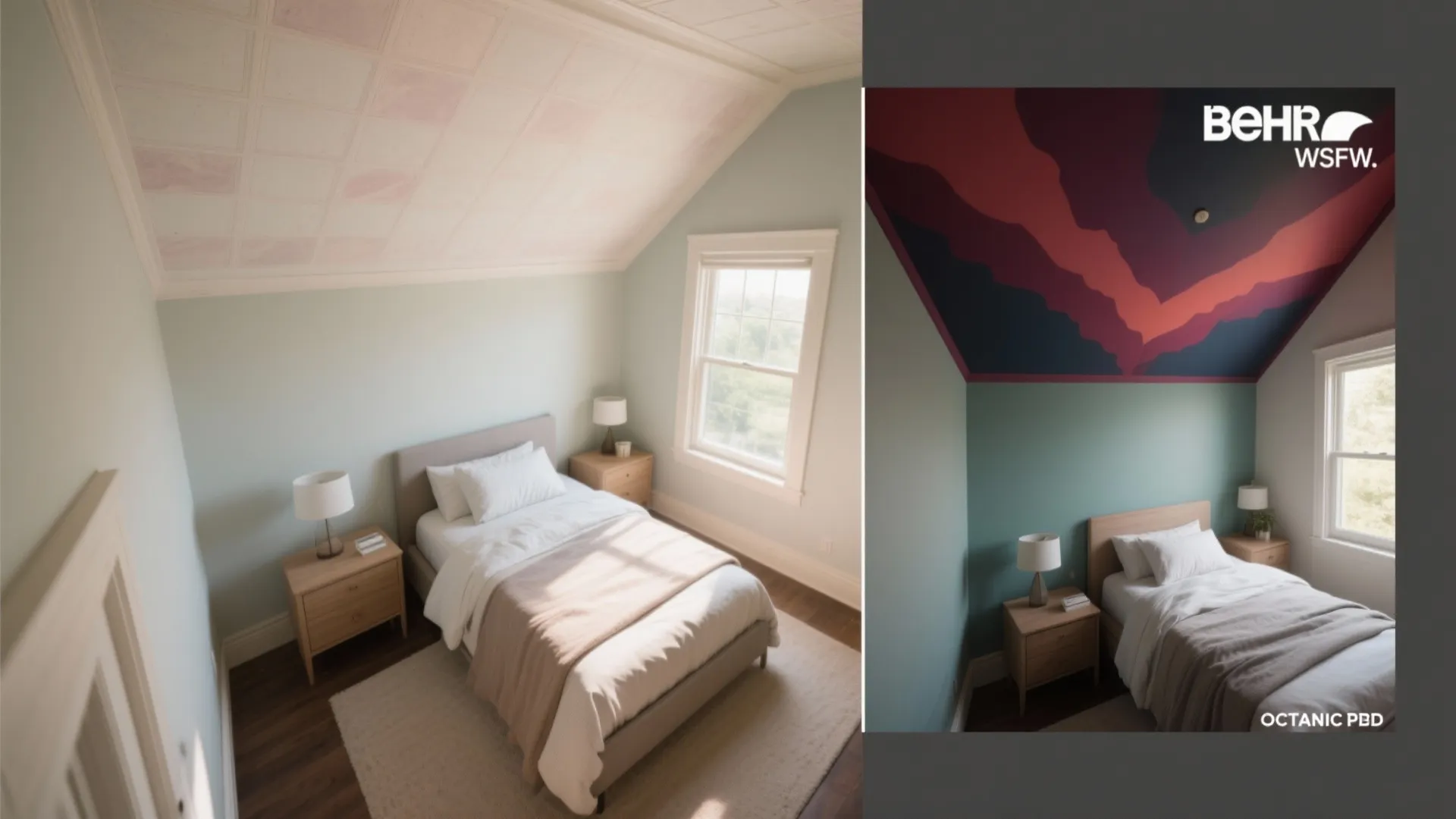Top-down view of a small bedroom showing a pale tinted ceiling that expands perceived height and an inset dramatic ceiling option.