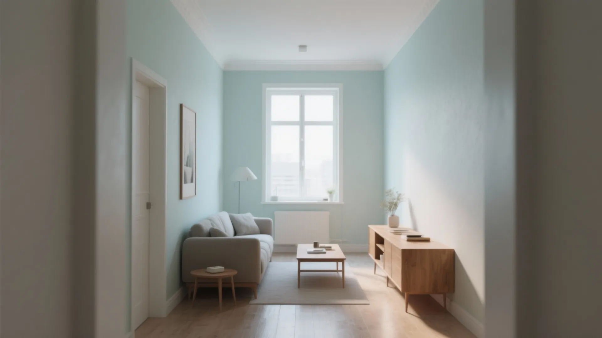 Bright living room layout with light blue walls sofa coffee table and wooden storage cabinet