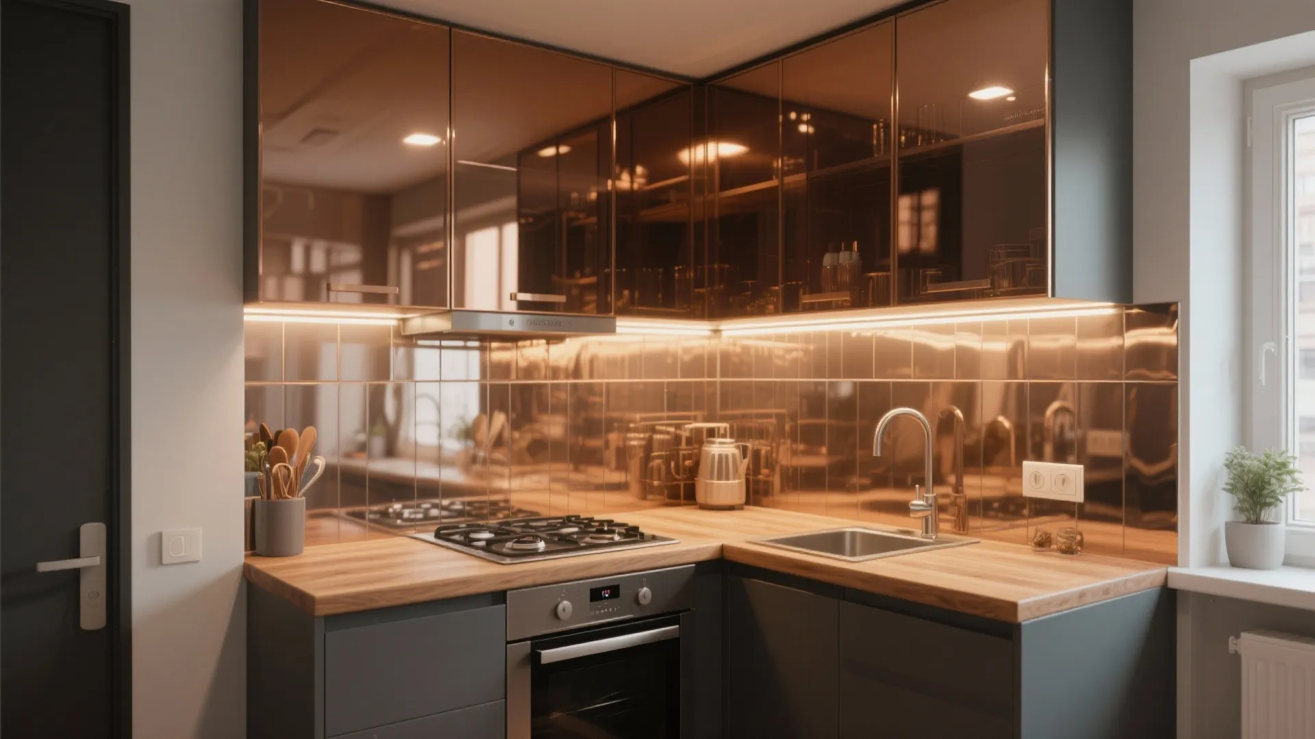 Compact kitchen with bronze-tinted glass upper cabinets and reflective backsplash