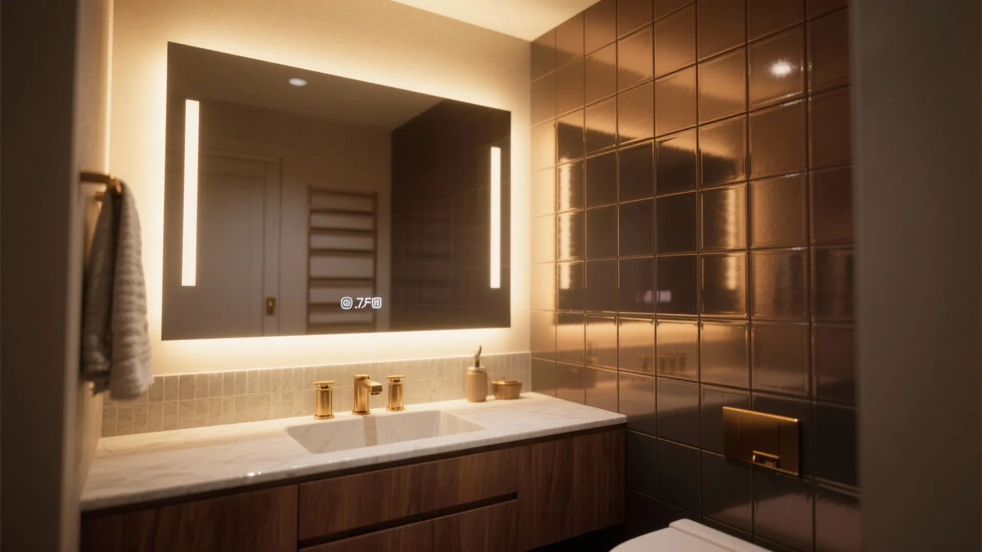 Small bathroom with bronze-tinted mirror tiles and warm LEDs creating a cozy mood.