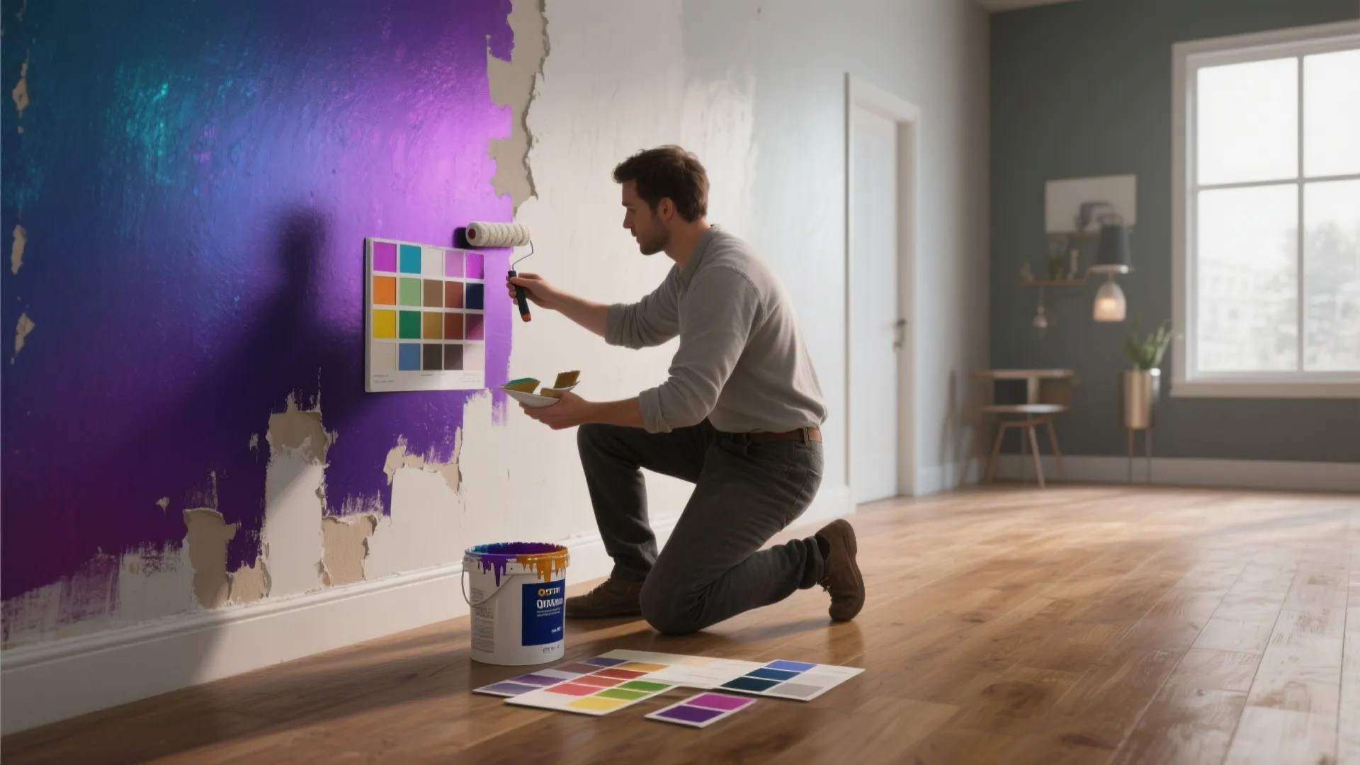 Painter testing a tinted primer sample against a jewel-toned wall to ensure even coverage.