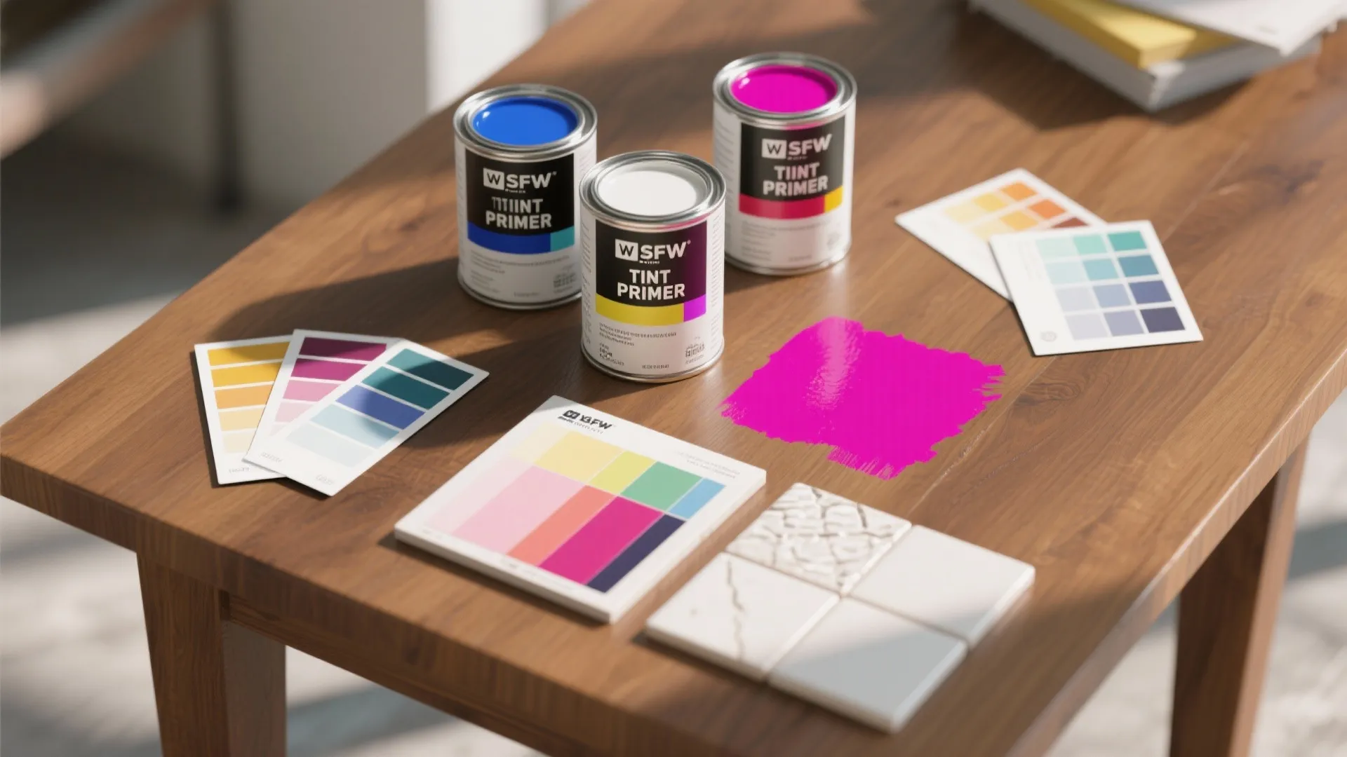Flatlay of tinted primer cans, swatches and a bold test patch showing color depth with tinted primer.