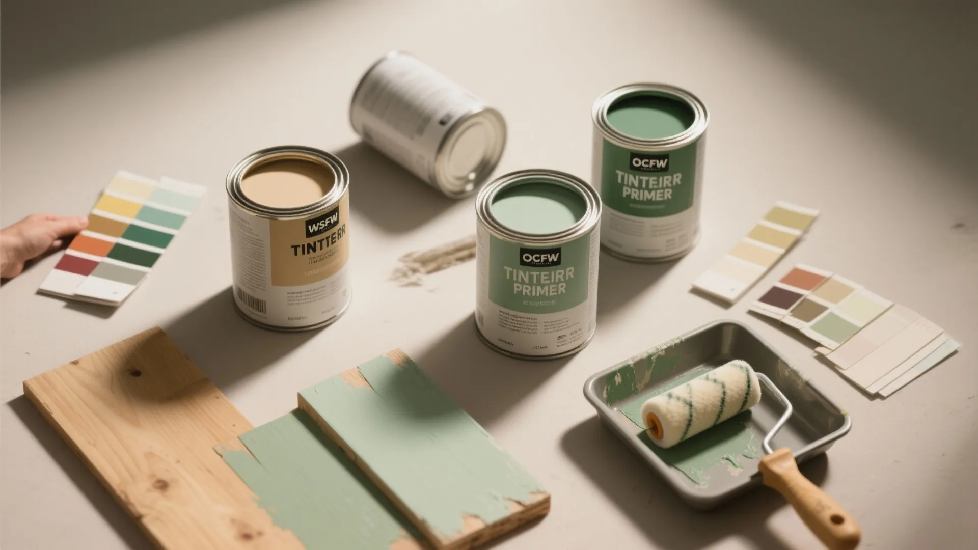 Various paint cans with color swatches wood samples and a paint roller for home renovation