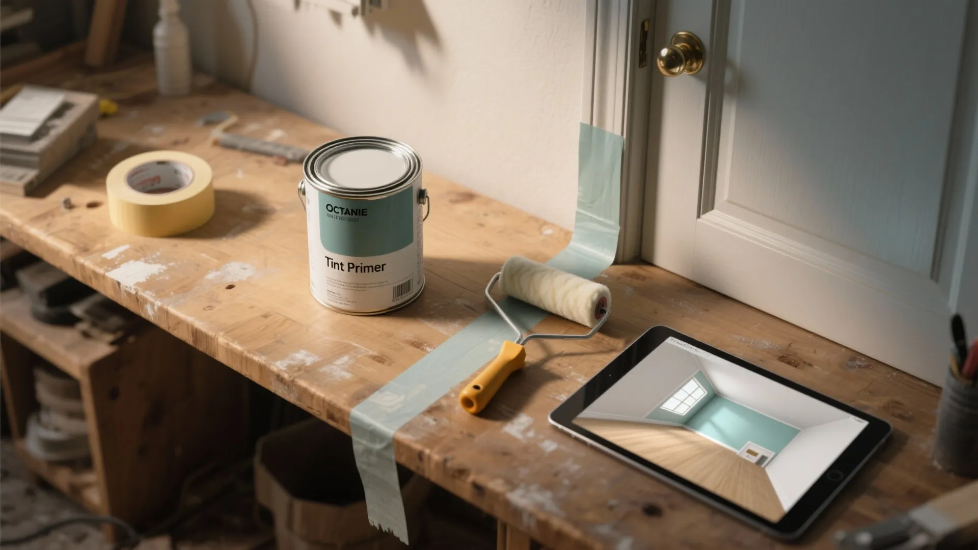 Paint can and roller on wooden workbench next to tablet showing a green room layout