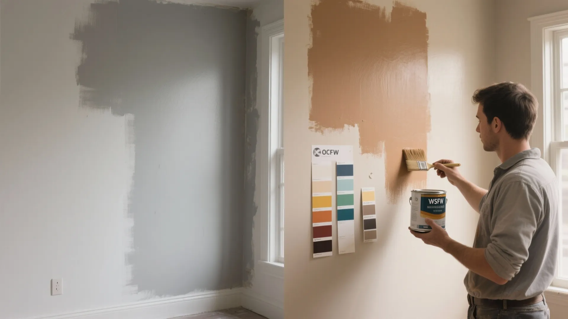 Man painting a wall tan next to color swatches compared with a grey wall finish