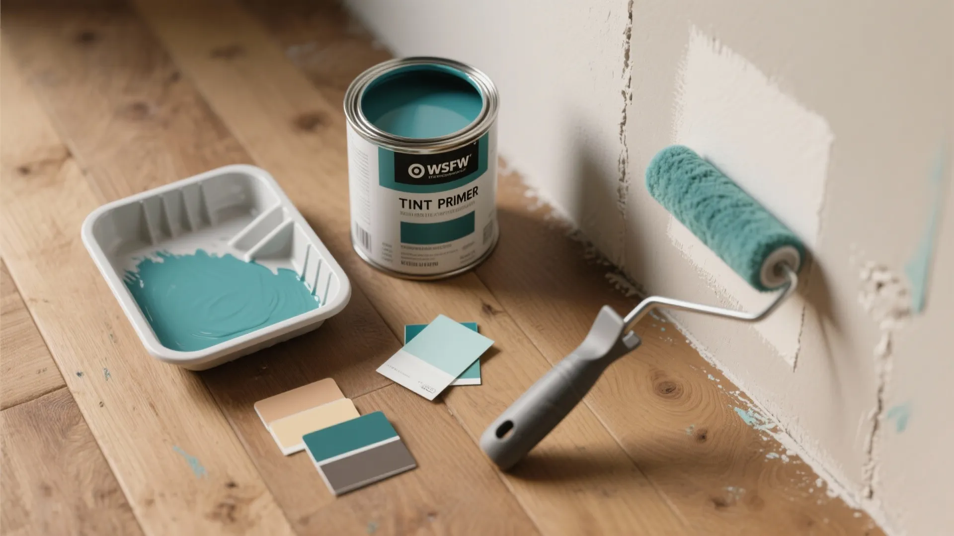 Teal paint can and roller on wooden floor used for painting a white interior wall