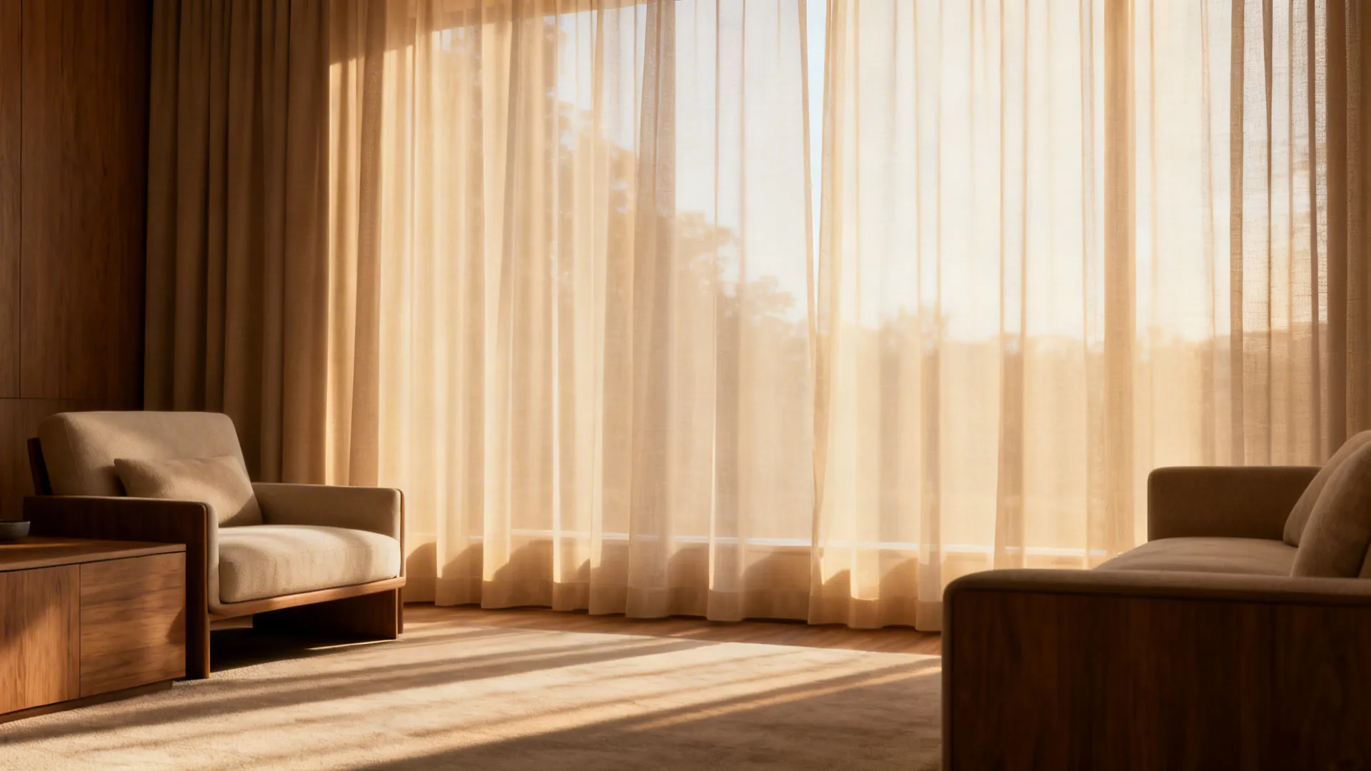 Warm beige tinted semi-sheer curtains softly coloring daylight and enhancing wood tones