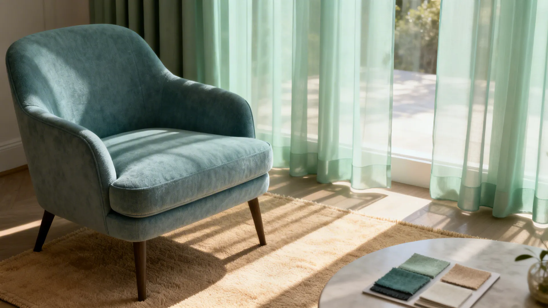 Living room corner with soft sage-tinted sheers casting a gentle color mood over the space