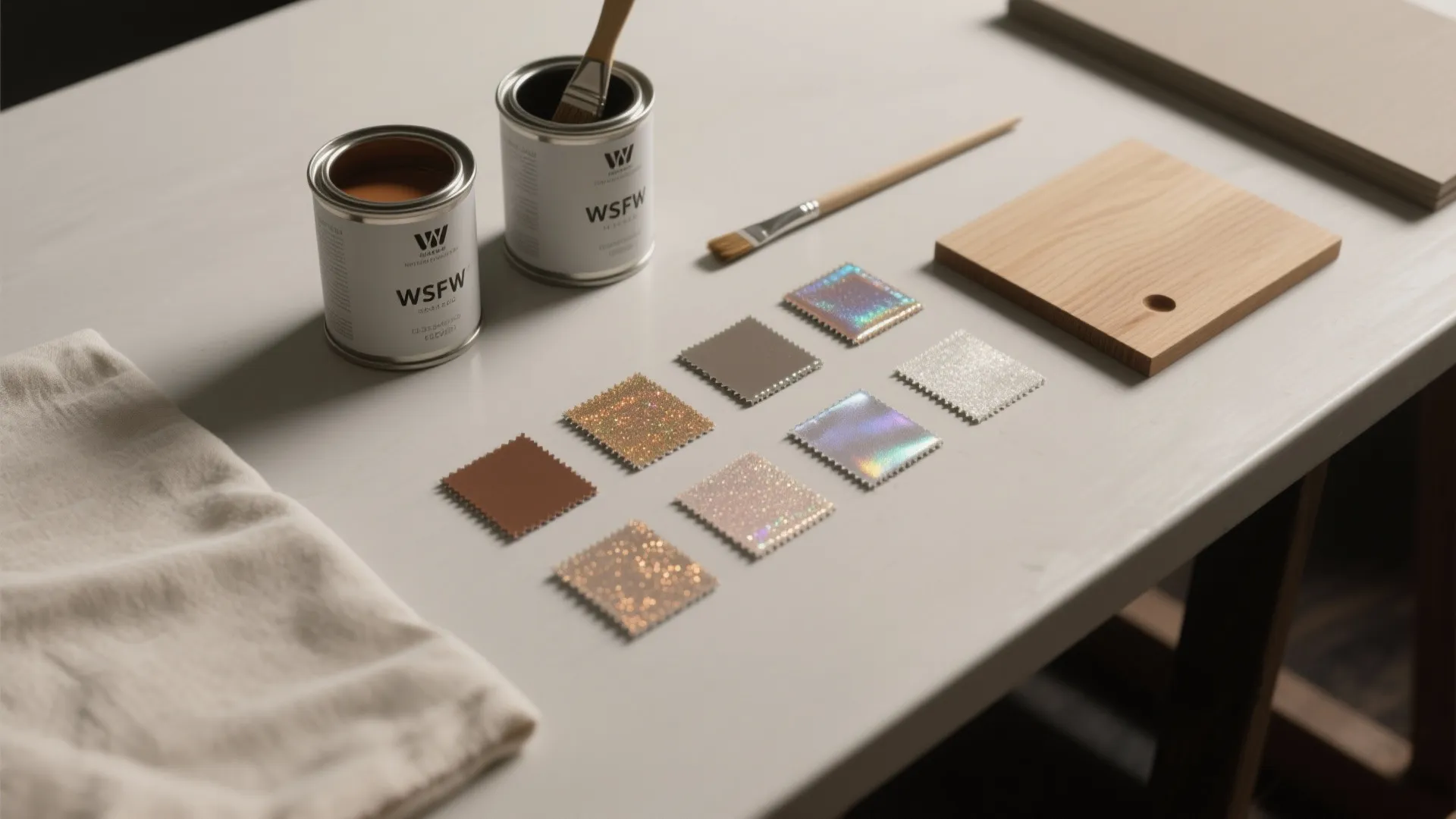 Two paint cans with brushes and glittery color fabric samples on a white work table