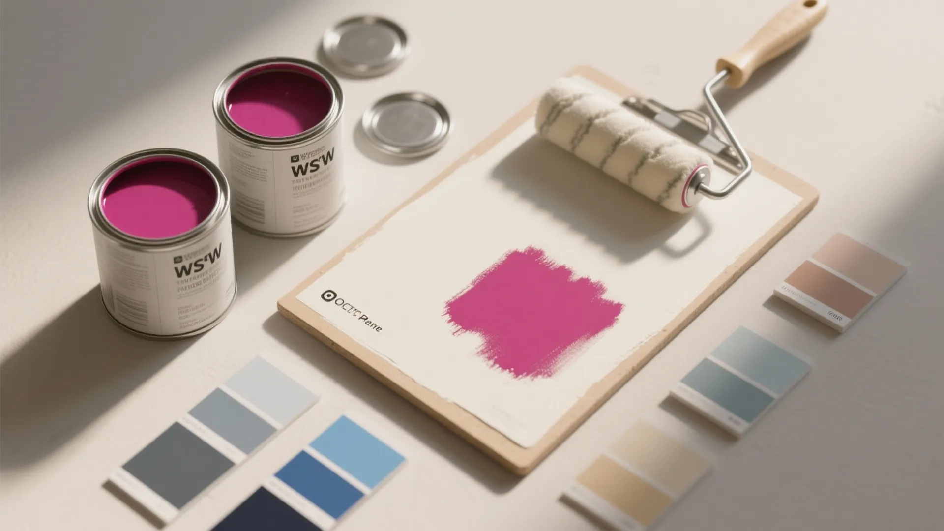 Pink paint cans and a roller brush on a clipboard with colorful wall color samples