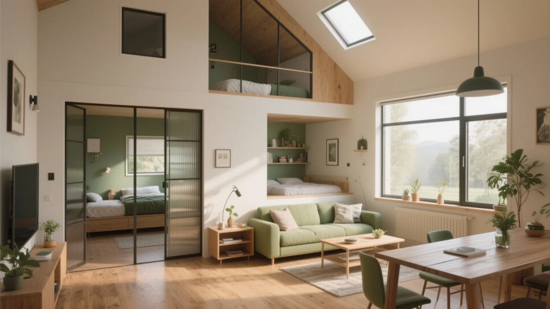 Modern open living room with green sofa wooden dining table and loft bedroom under roof window