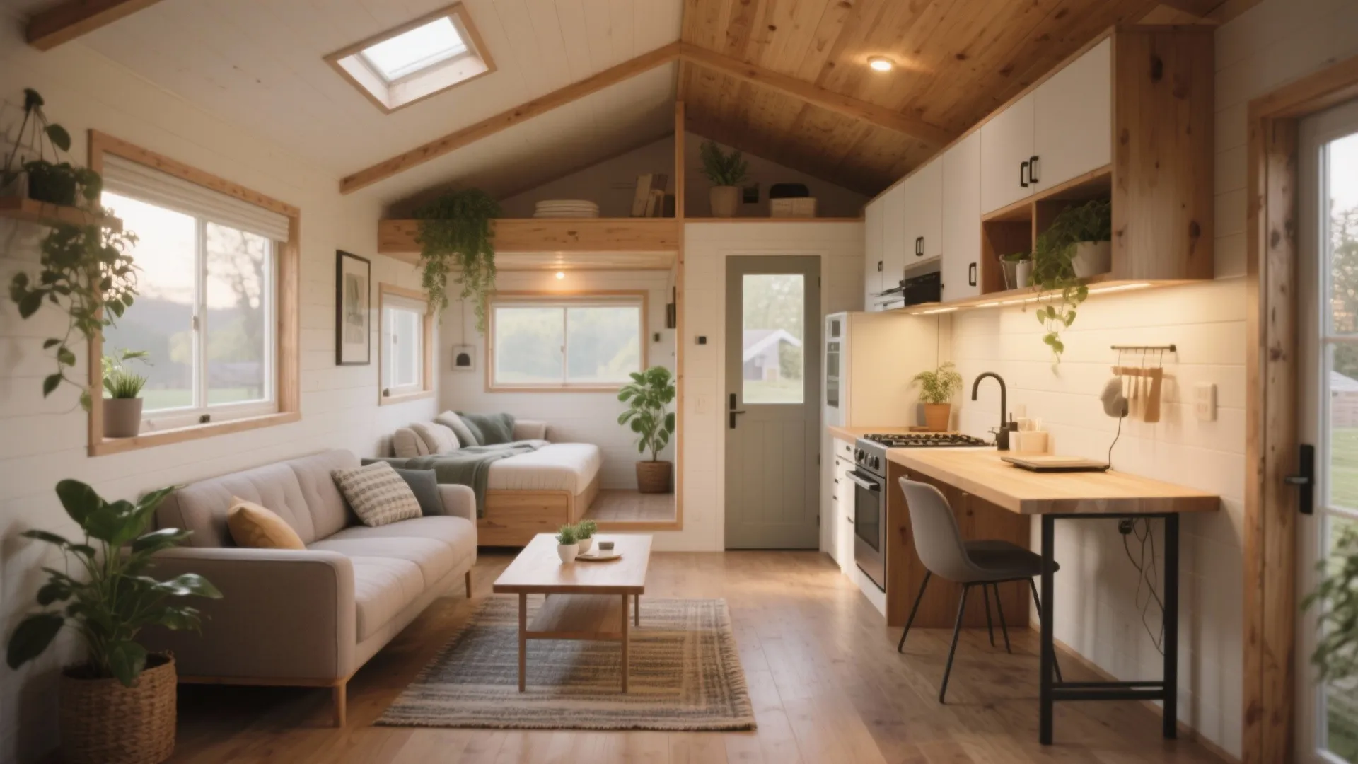 Small studio apartment with wooden ceiling kitchen counter sofa and bed in a compact room layout