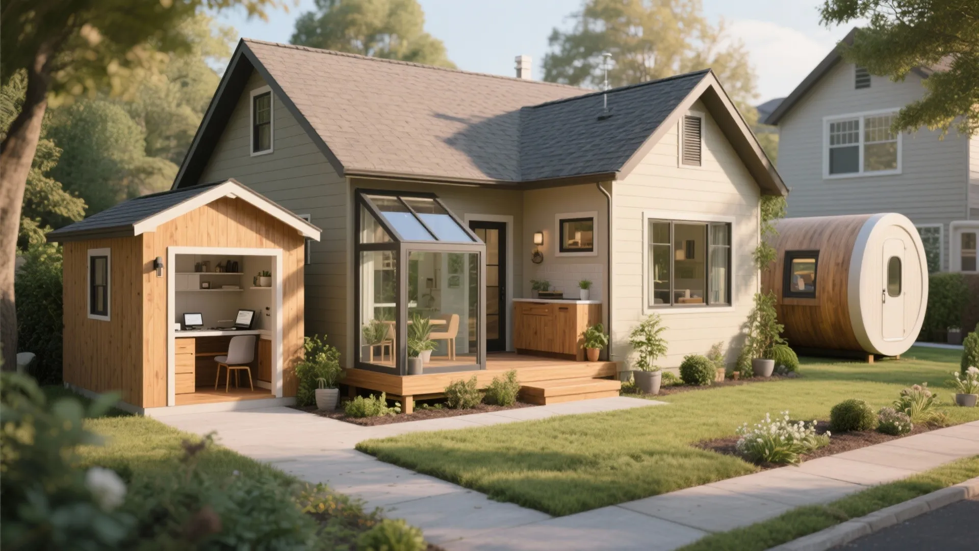 Modern house with small wooden home office pod glass sunroom addition and backyard garden storage shed