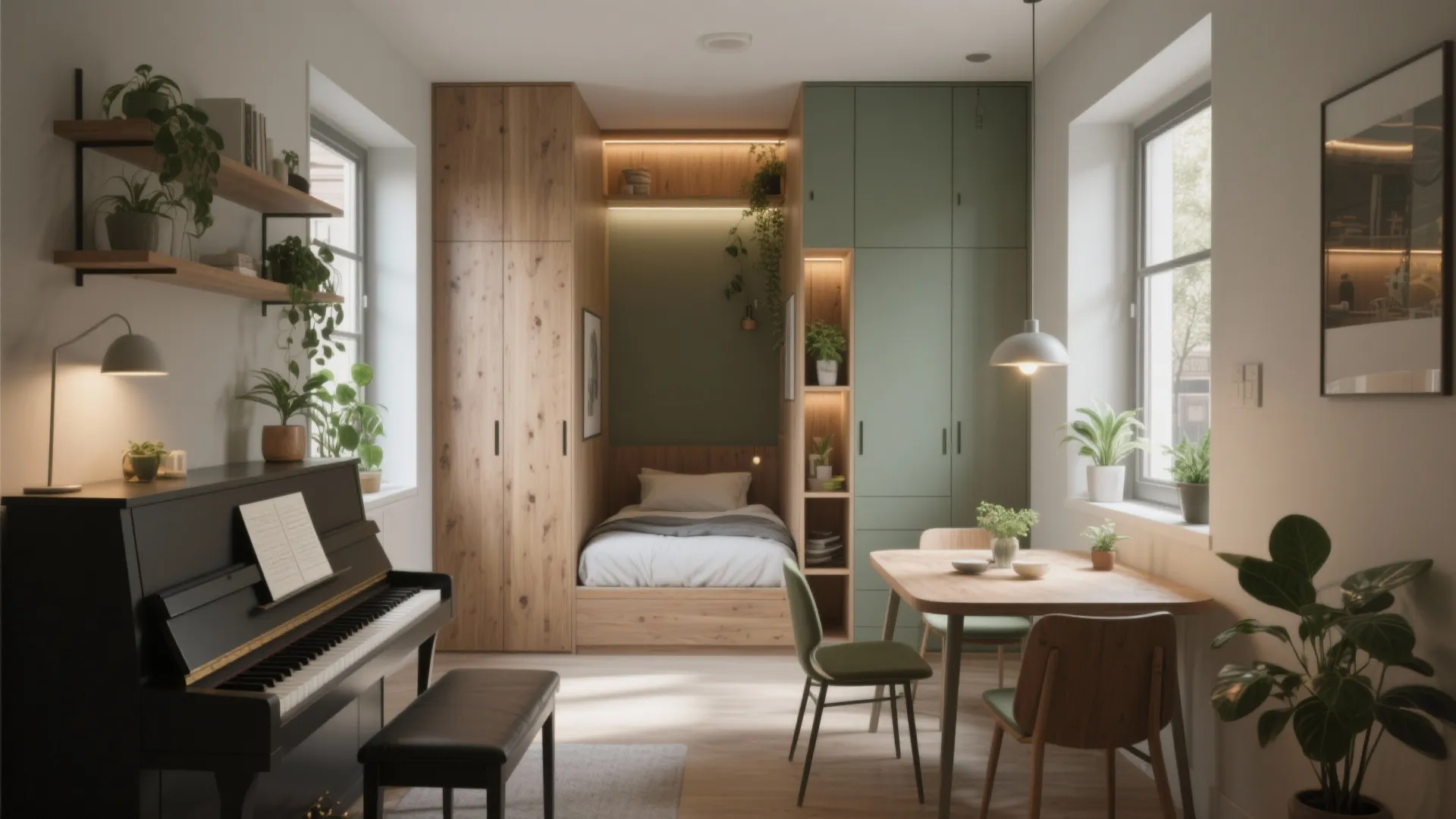 Modern studio apartment with a black piano dining table wooden cabinets and a small bed