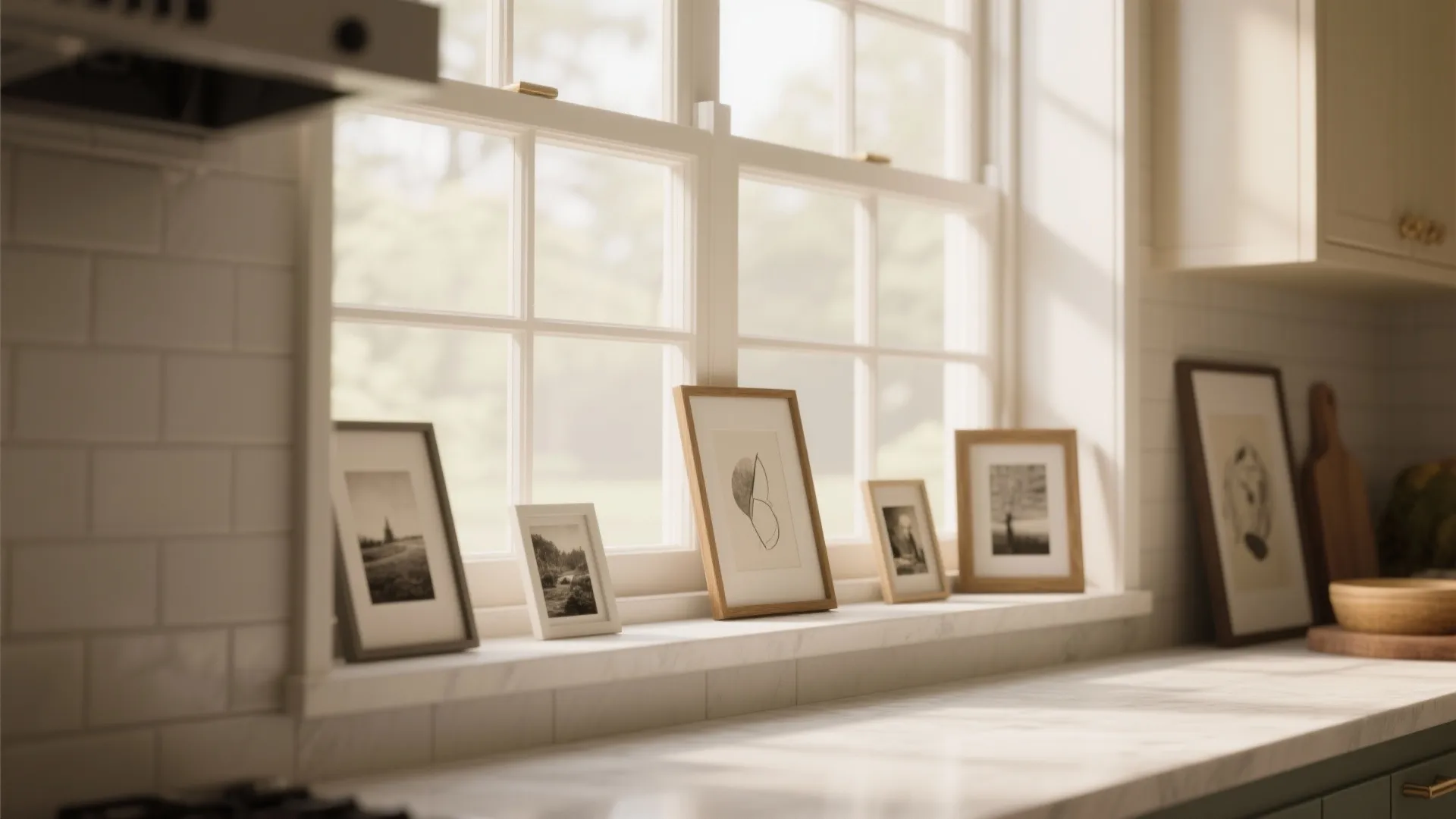 Small framed art pieces leaning against white window frame on marble kitchen counter with wall tiles