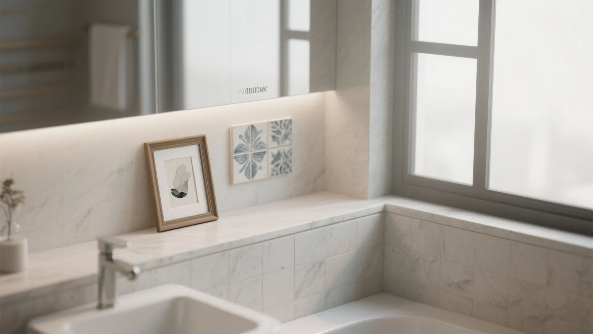Small framed art piece and decorative blue tiles placed on a marble bathroom wall ledge