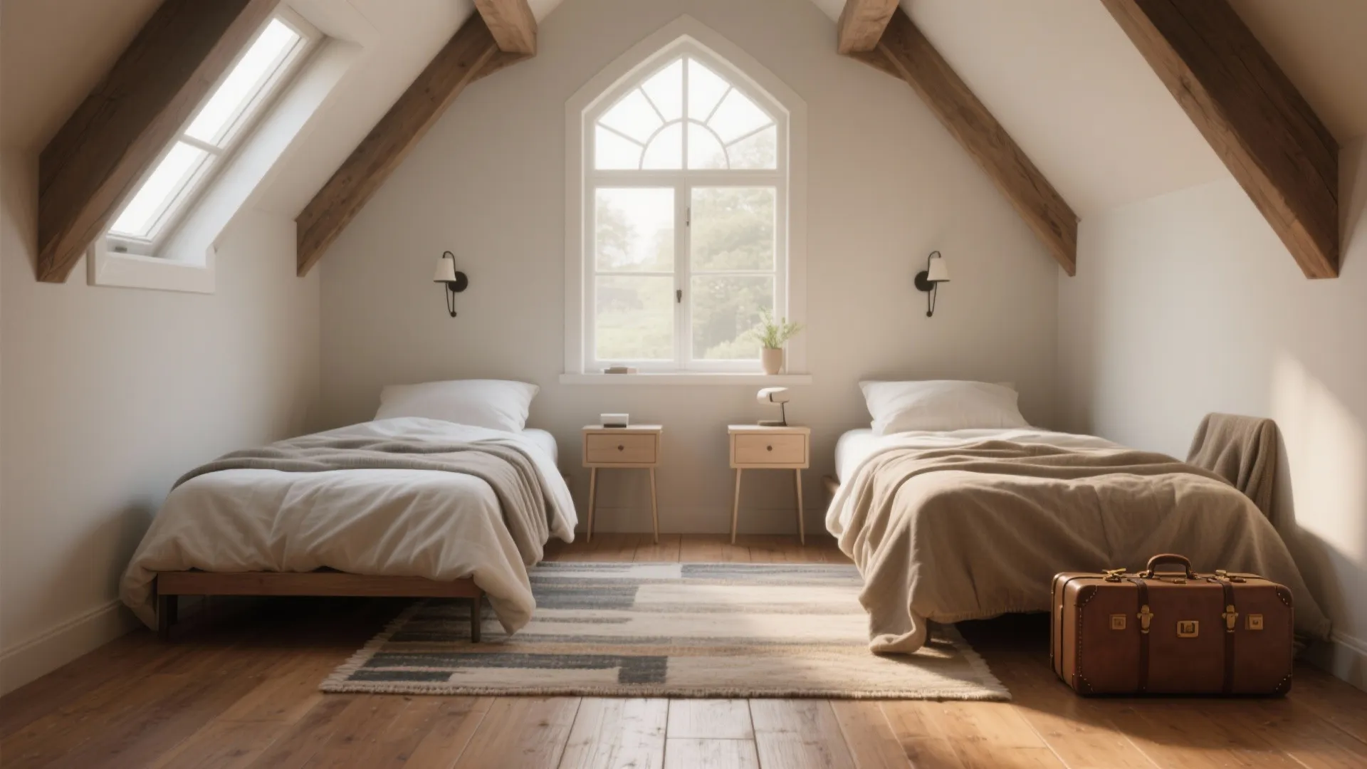 Cozy attic bedroom with two twin beds wooden beams white walls roof window and natural light