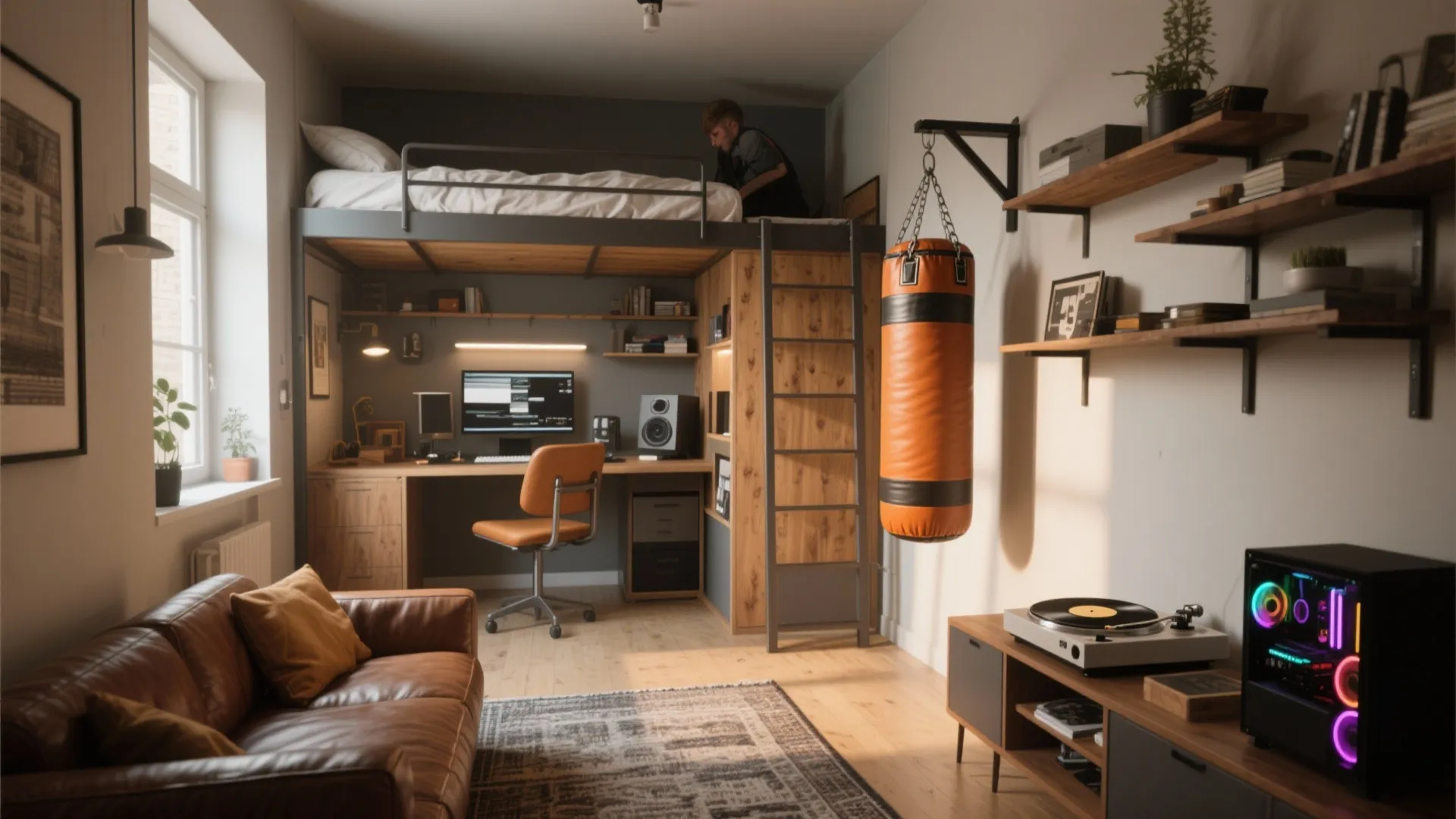 Industrial studio apartment with loft bed, office desk, brown leather sofa, and orange punching bag