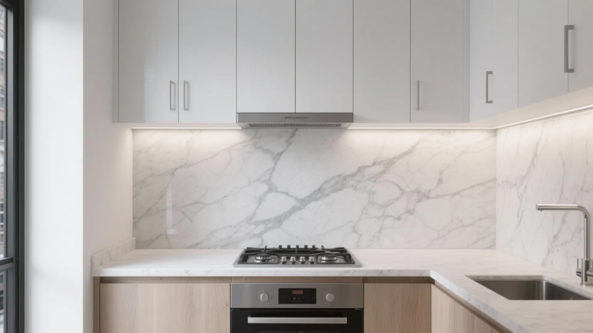 Modern kitchen with white marble wall panel, wood cabinets, stove, sink, and white upper cupboards