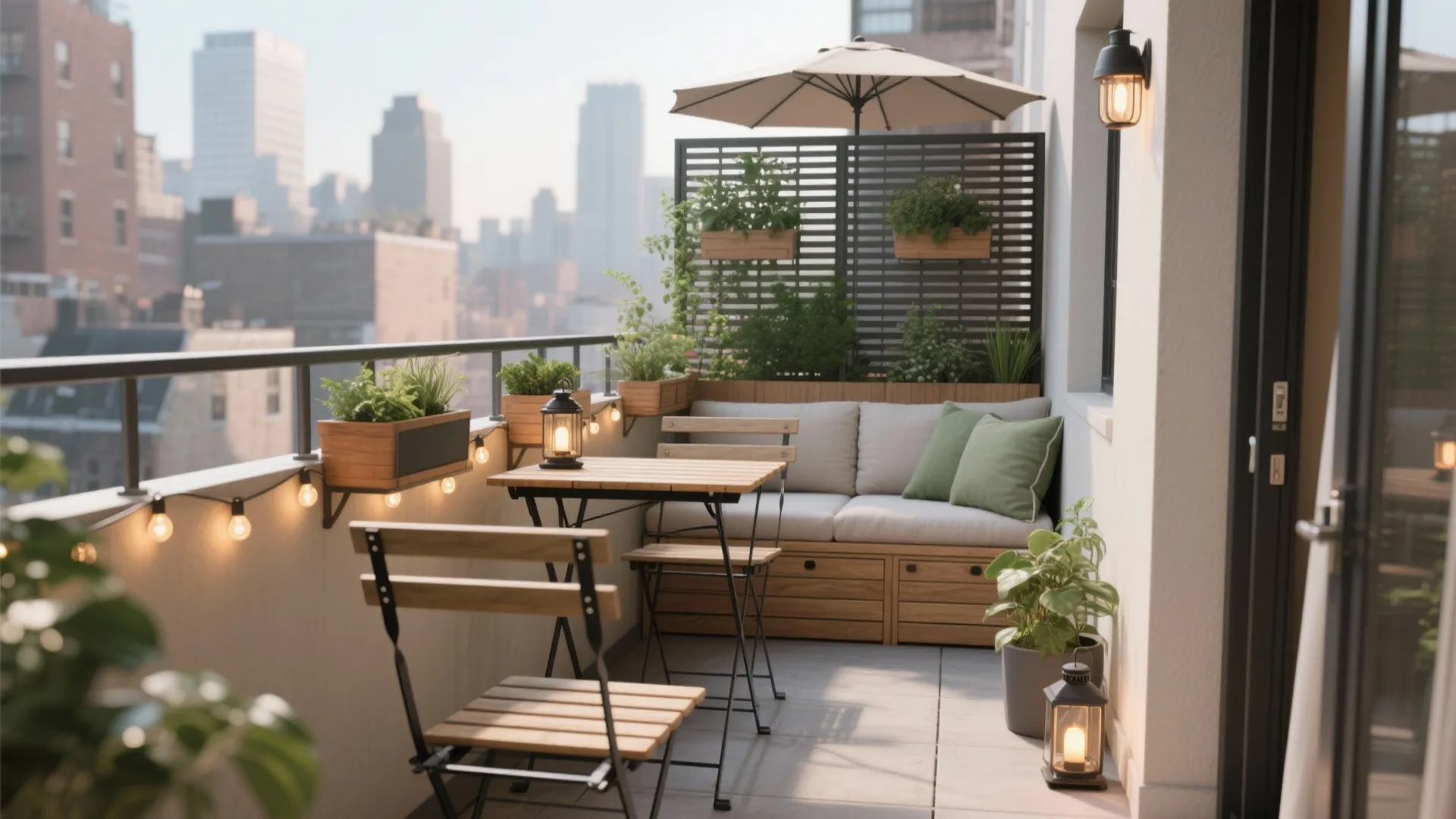 Cozy balcony with wooden table, chairs, sofa, green plants, string lights, and a white umbrella