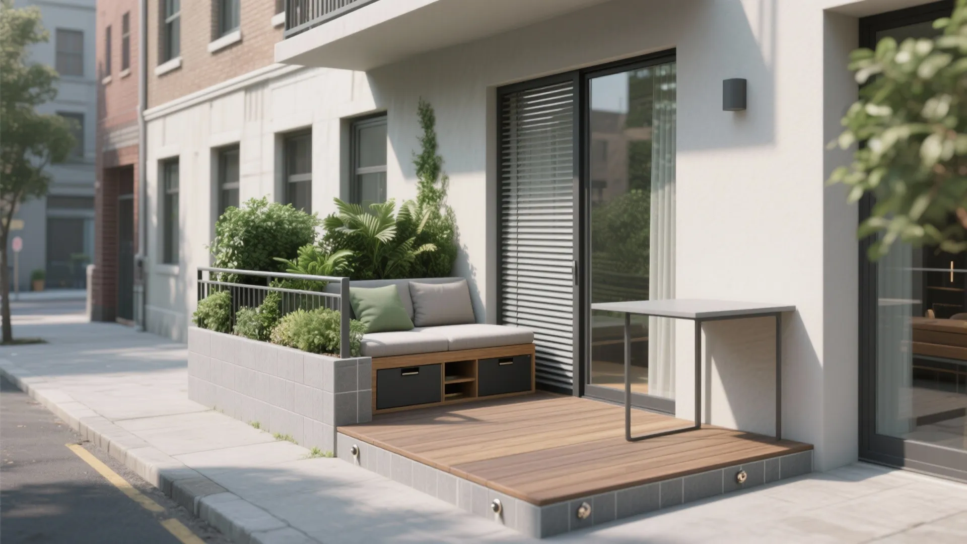 Small outdoor patio with wooden deck, sofa storage bench, grey cushions, and a side table