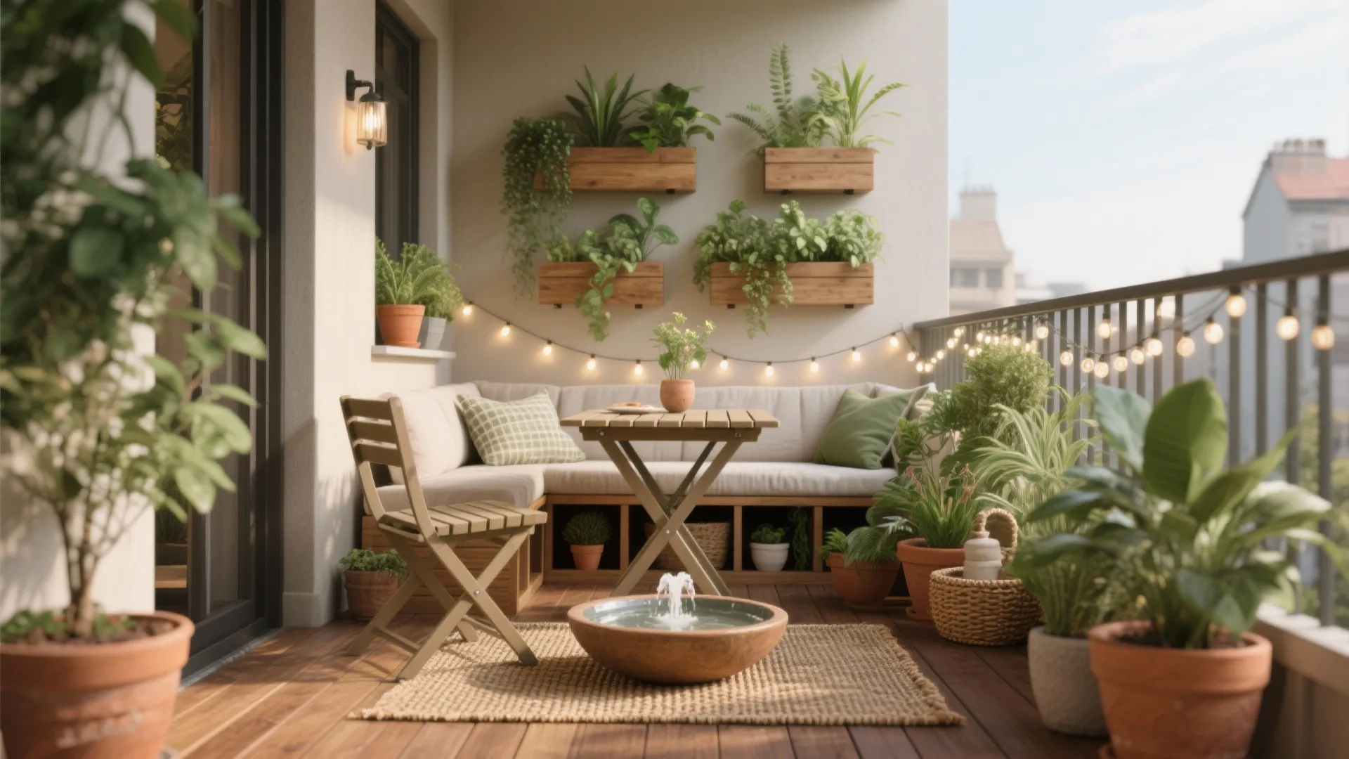 Cozy balcony design featuring corner sofa, wooden table, wall plants, string lights, and water fountain
