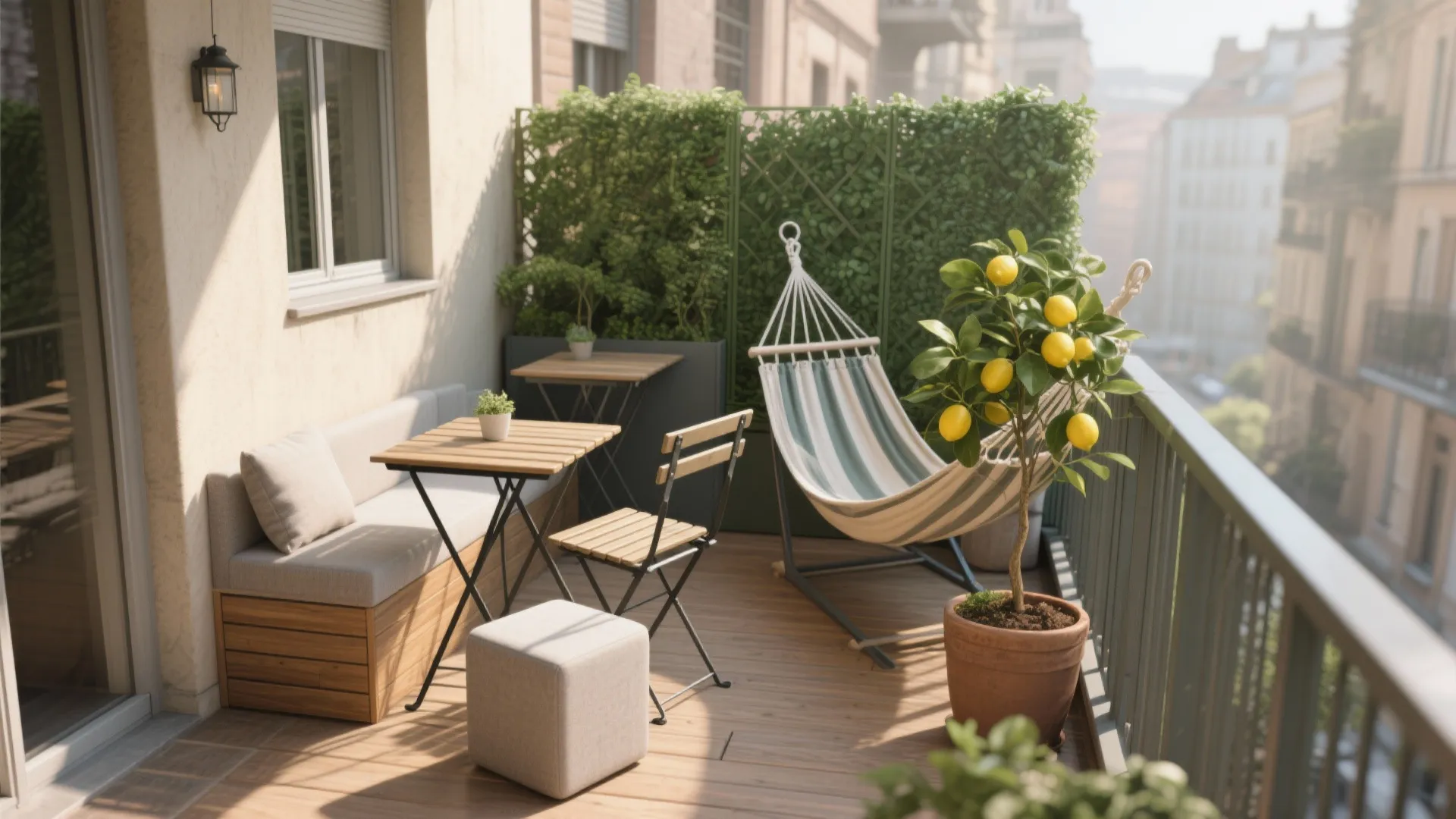 Sunny small apartment balcony featuring a striped hammock wood table chairs and a lemon tree