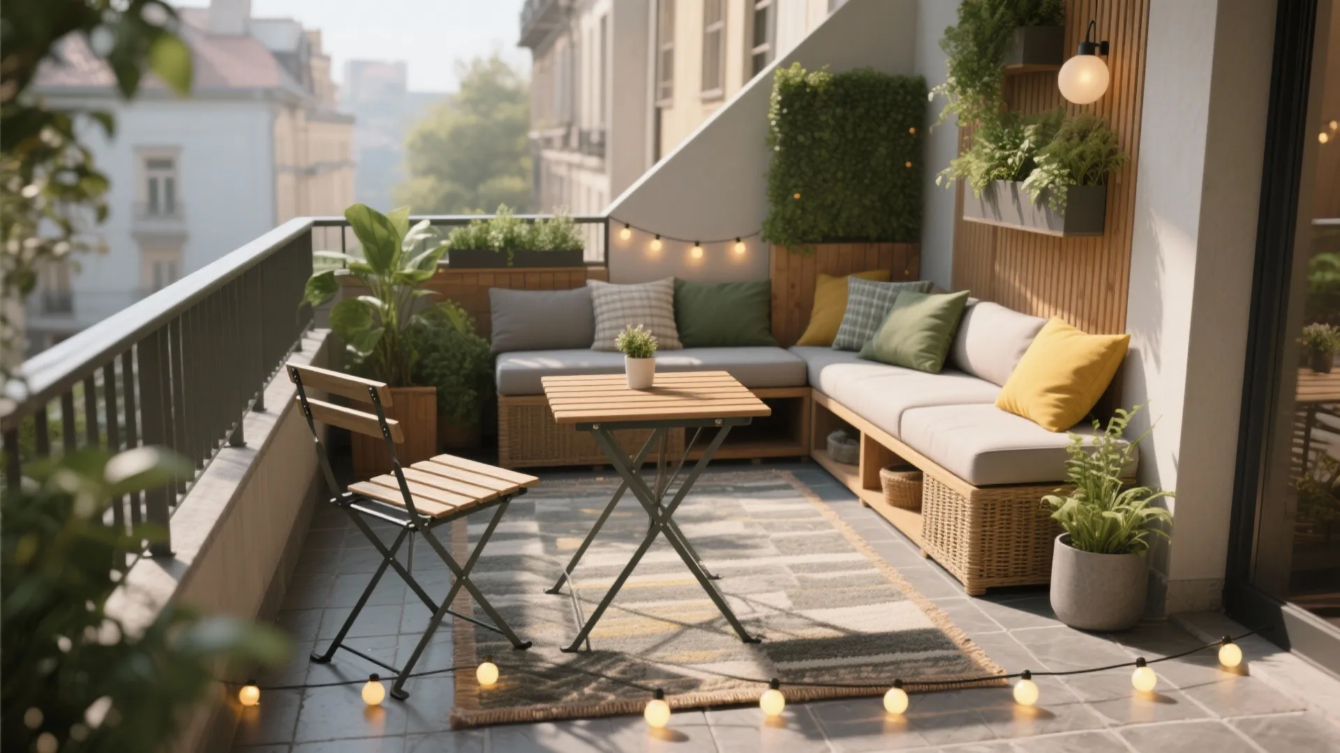 Cozy small balcony with corner sofa colorful pillows wooden folding table chair and string lights