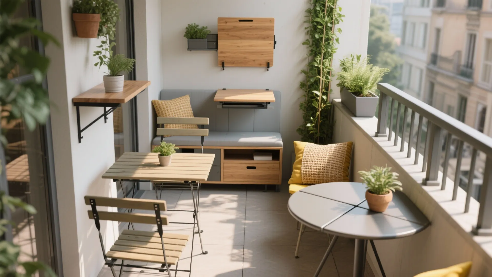 Small balcony design with wooden folding tables chairs green potted plants and grey sitting bench
